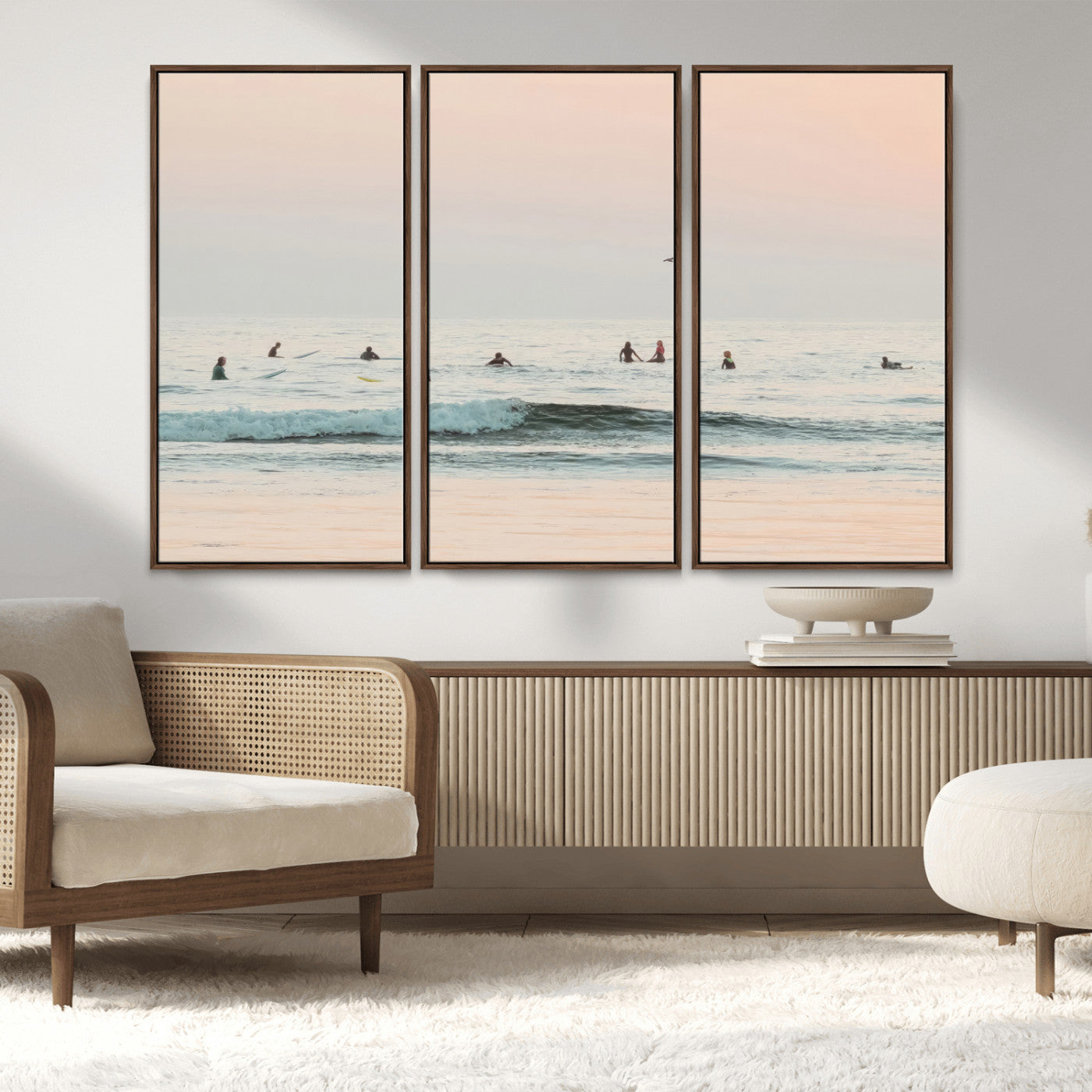 98888919-MGV-FC-48X32-3P_Walnut-Pastel Ocean Wall Art Canvas Print, Framed Soft Sunset Swimming Art Picture Print, Calm Sea Horizon Perfect Soft Coastal