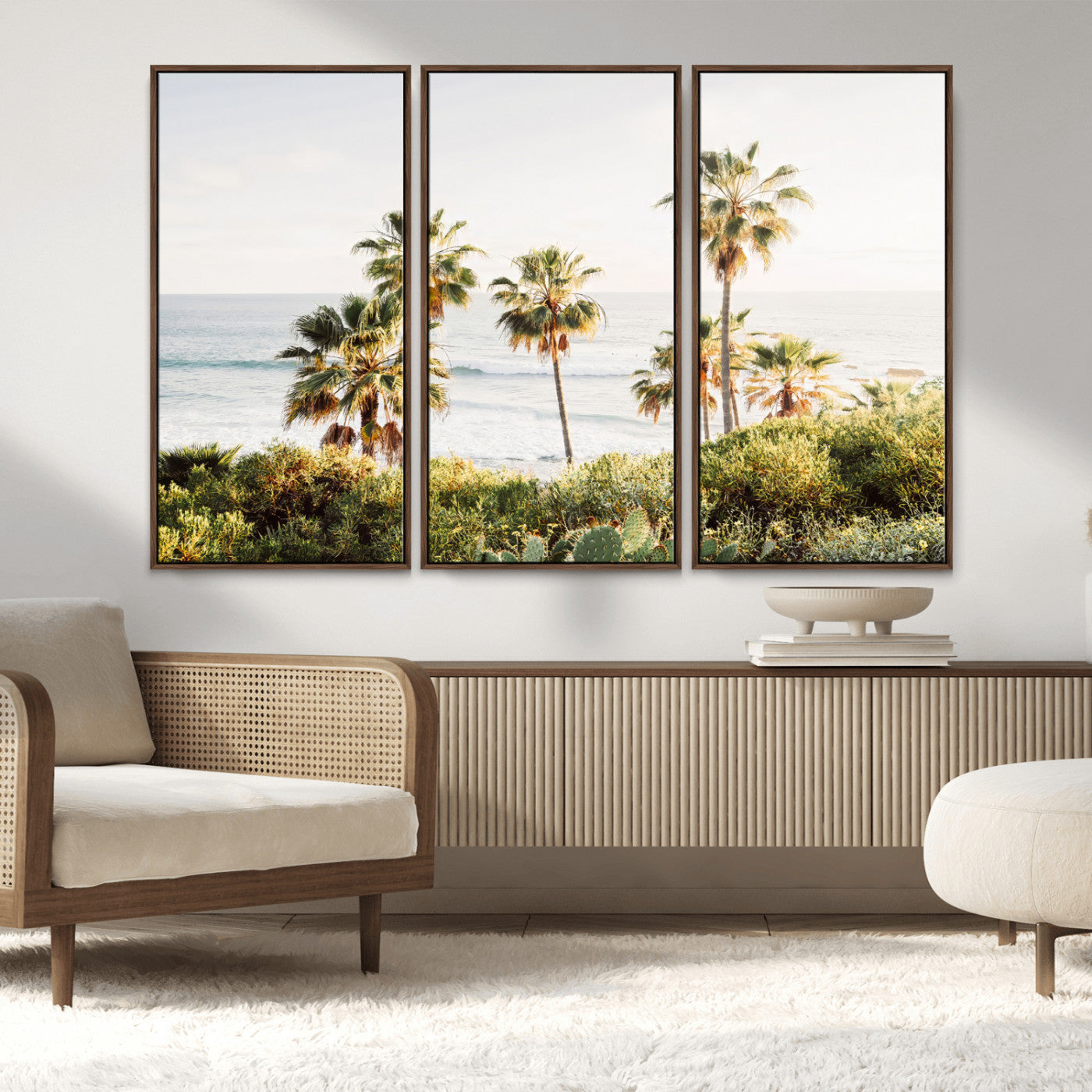 94707294-MGV-FC-48X32-3P_Walnut-California Coast Wall Art Canvas Print, Framed Palm Trees Art Picture Print, Coastal Landscape Perfect Coastal Minimalist Decor