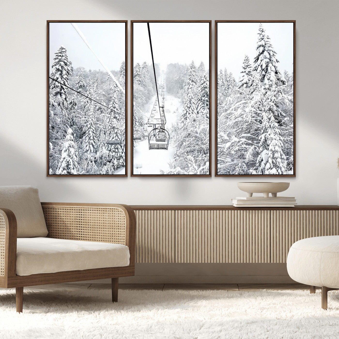 44705668-MGV-FC-48X32-3P_Walnut-Winter Forest Wall Art Canvas Print, Framed Snowy Forest Art Picture Print, Ski Lift Perfect Scandinavian Decor Artwork