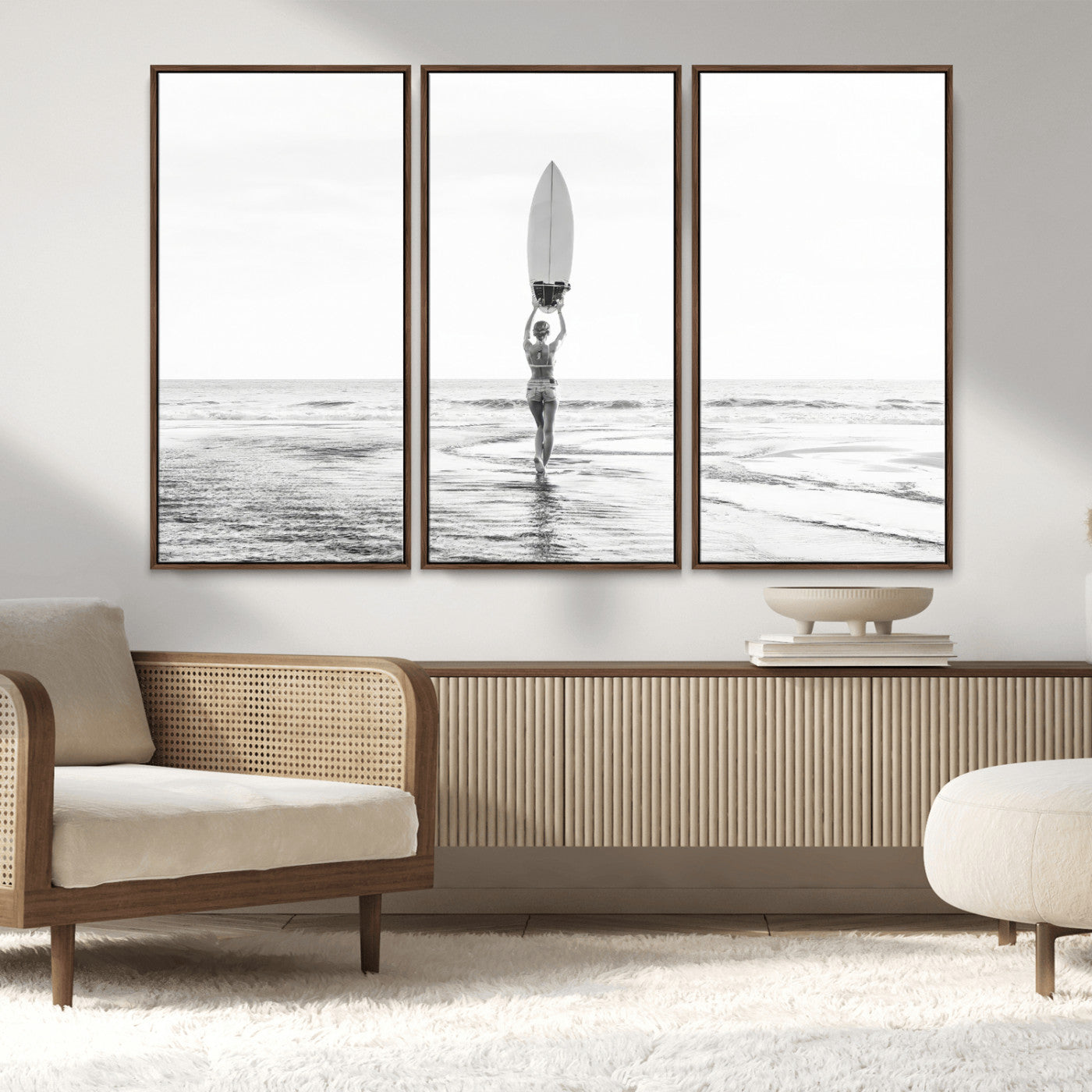 98446901-MGV-FC-48X32-3P_Walnut-Monochrome Surf Wall Art Canvas Print, Framed Minimalist Surfer Art Picture Print, Surfboard Silhouette Perfect Coastal Minimalist