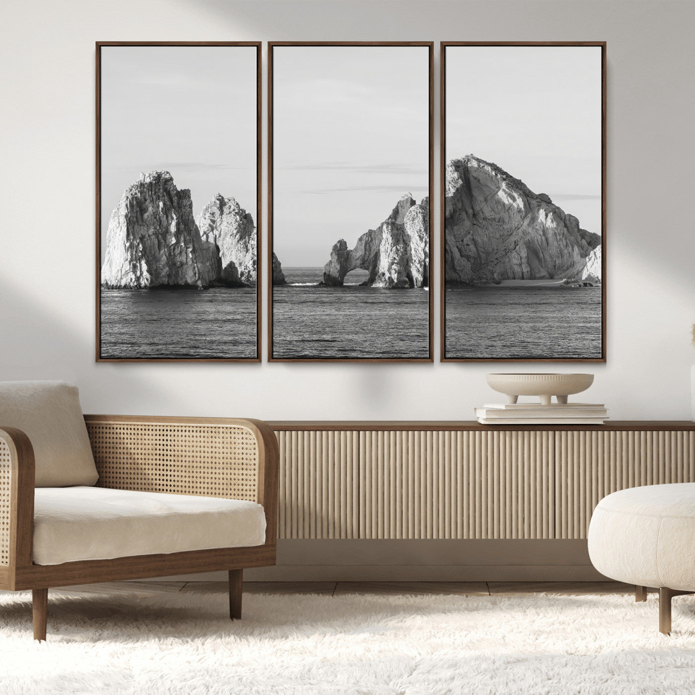 18810731-MGV-FC-48X32-3P_Walnut-Rugged Coastline Wall Art Canvas Print, Framed Ocean Cliffs Art Picture Print, Monochrome Seascape Perfect Coastal Minimalist