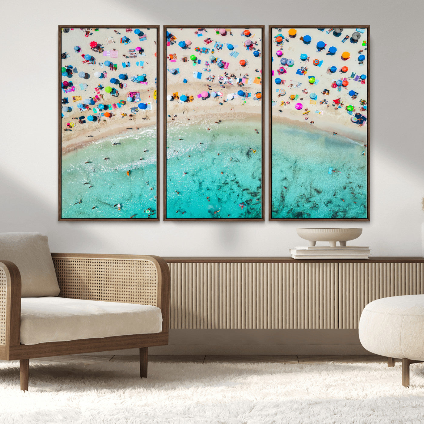76172085-MGV-FC-48X32-3P_Walnut-Tropical Shoreline Wall Art Canvas Print, Framed Beach Relaxing Art Picture Print, Aerial Summer Perfect Coastal Vibrant Decor