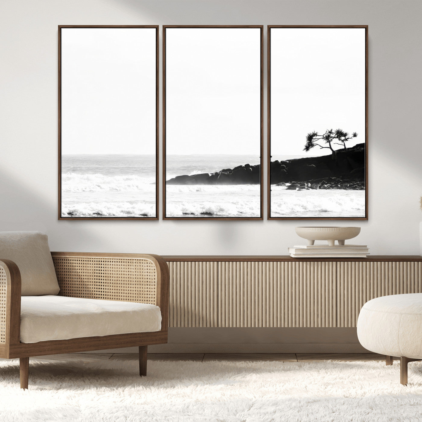 40875891-MGV-CV-36X24-SurferCliffs Wall Art Canvas Print, Framed Black White Beach Art Picture Print, Ocean Waves Perfect Minimalist Coastal Decor