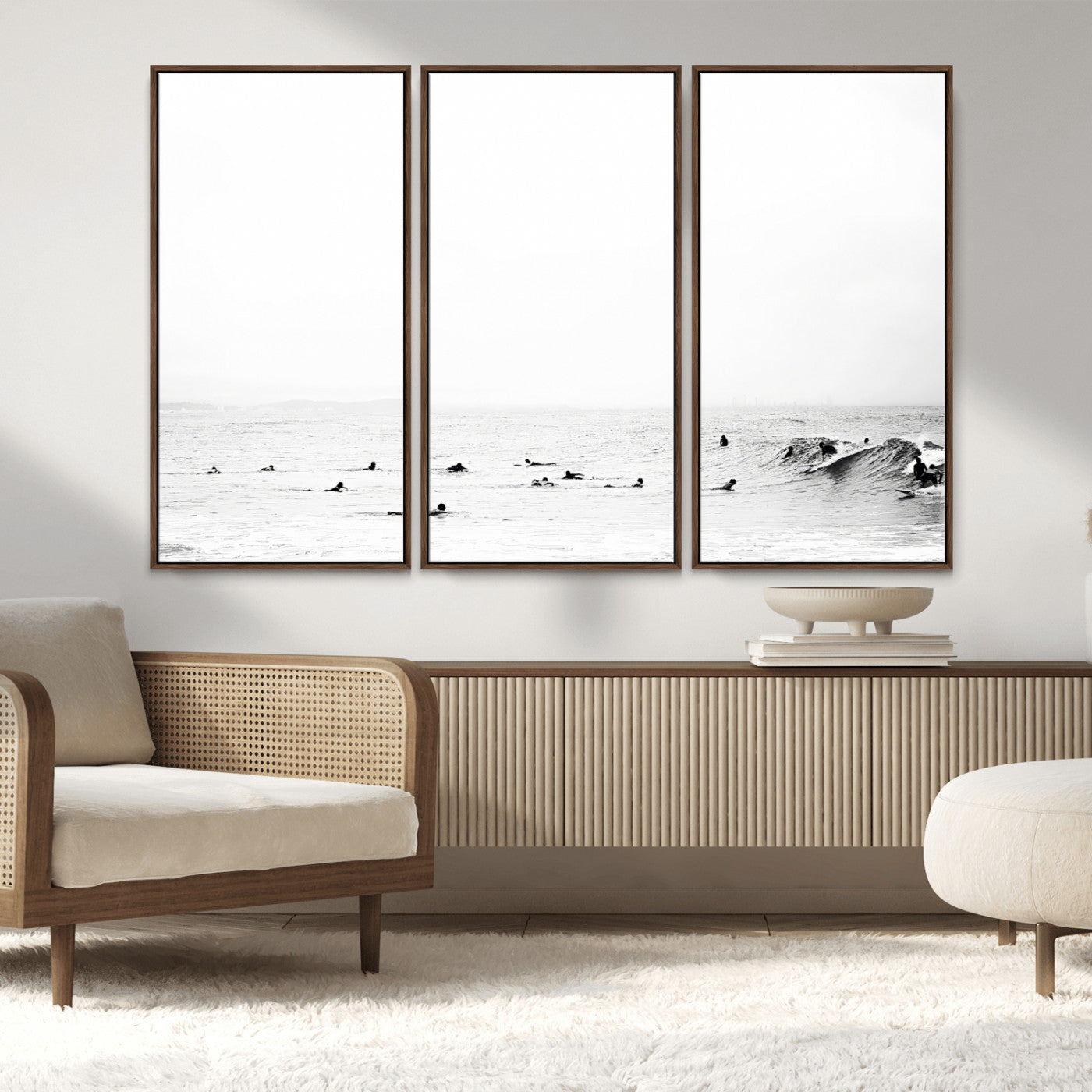 38441169-MGV-FC-48X32-3P_Walnut-Monochrome Swimming Wall Art Canvas Print, Framed Ocean Horizon Art Picture Print, Moody Coastal Perfect Minimalist Coastal Decor