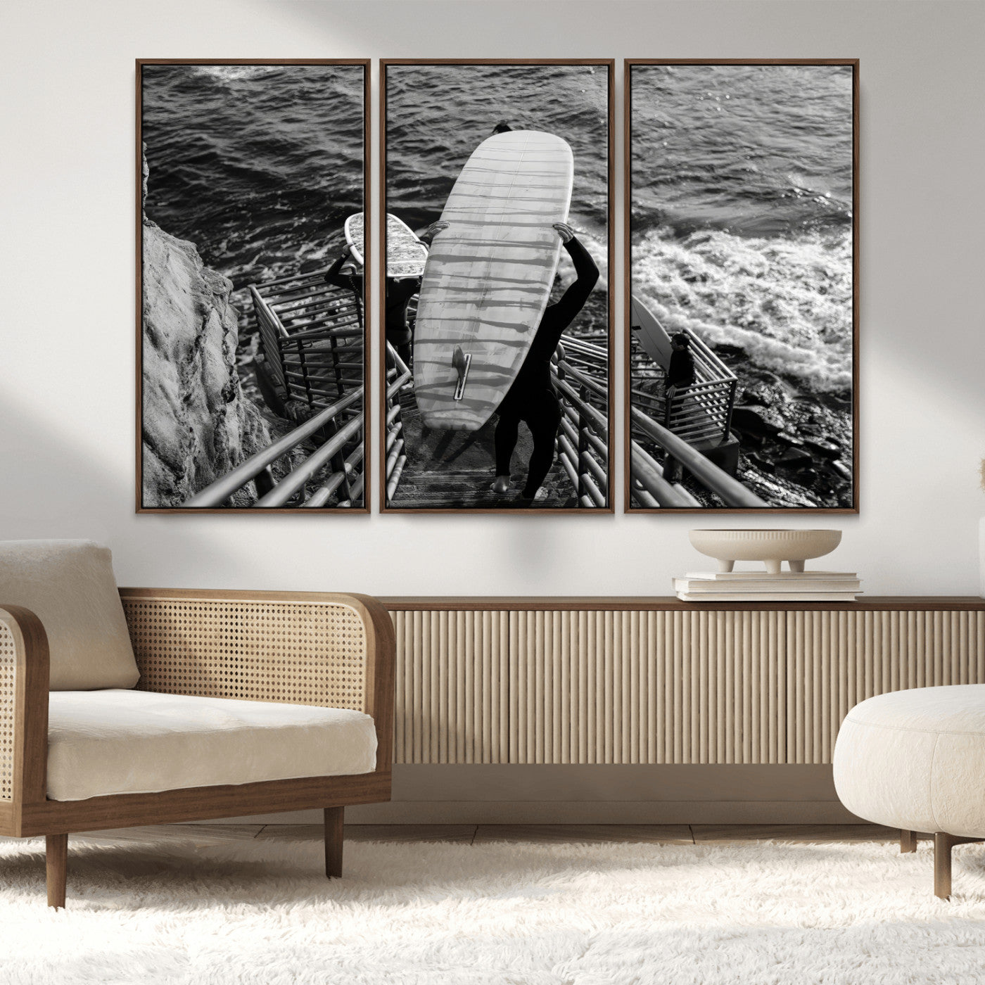 32353707-MGV-CV-36X24-Black White Surfing Wall Art Canvas Print, Framed Coastal Surfing Art Picture Print, Wave Riders Perfect Coastal Adventure Decor