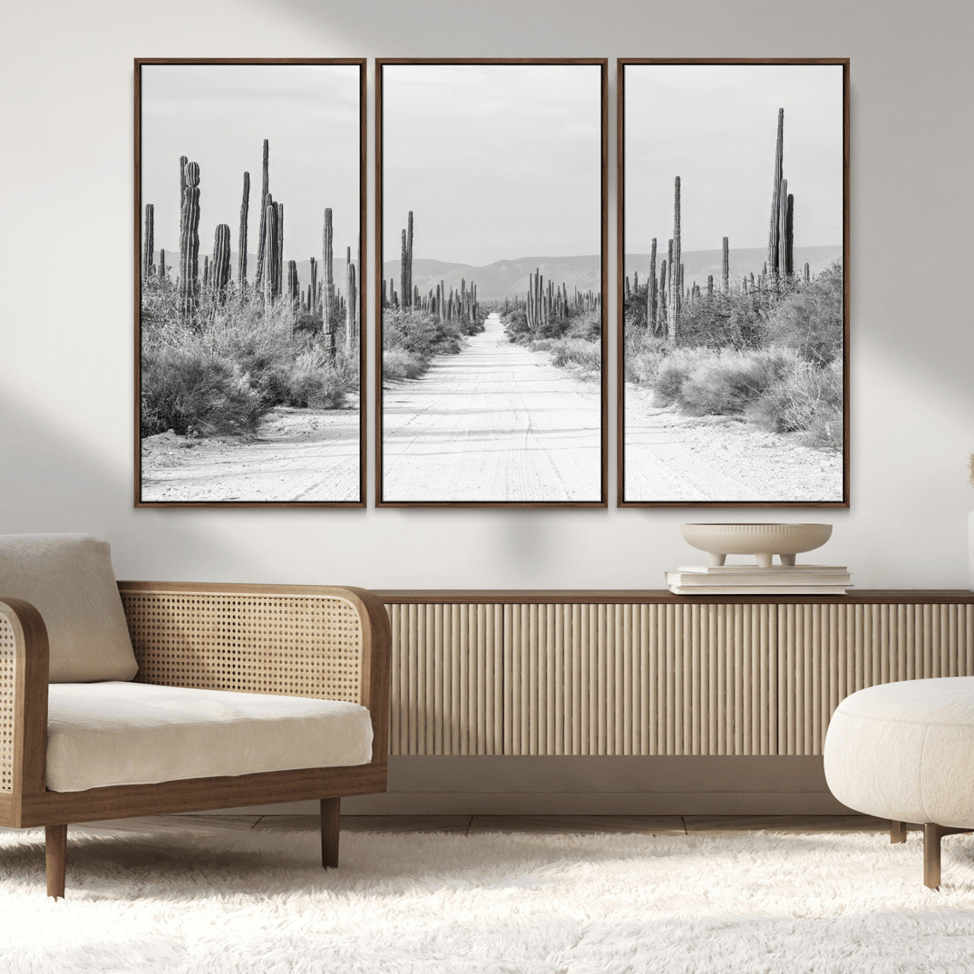 35537313-MGV-FC-48X32-3P_Walnut-Monochrome Desert Wall Art Canvas Print, Framed Cactus Path Art Picture Print, Southwestern Landscape Perfect Southwestern