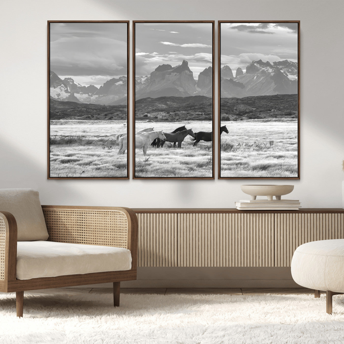 21655040-MGV-FC-48X32-3P_Walnut-Wild Horses Wall Art Canvas Print, Framed Black White Mountains Art Picture Print, Rustic Countryside Perfect Rustic Western Decor