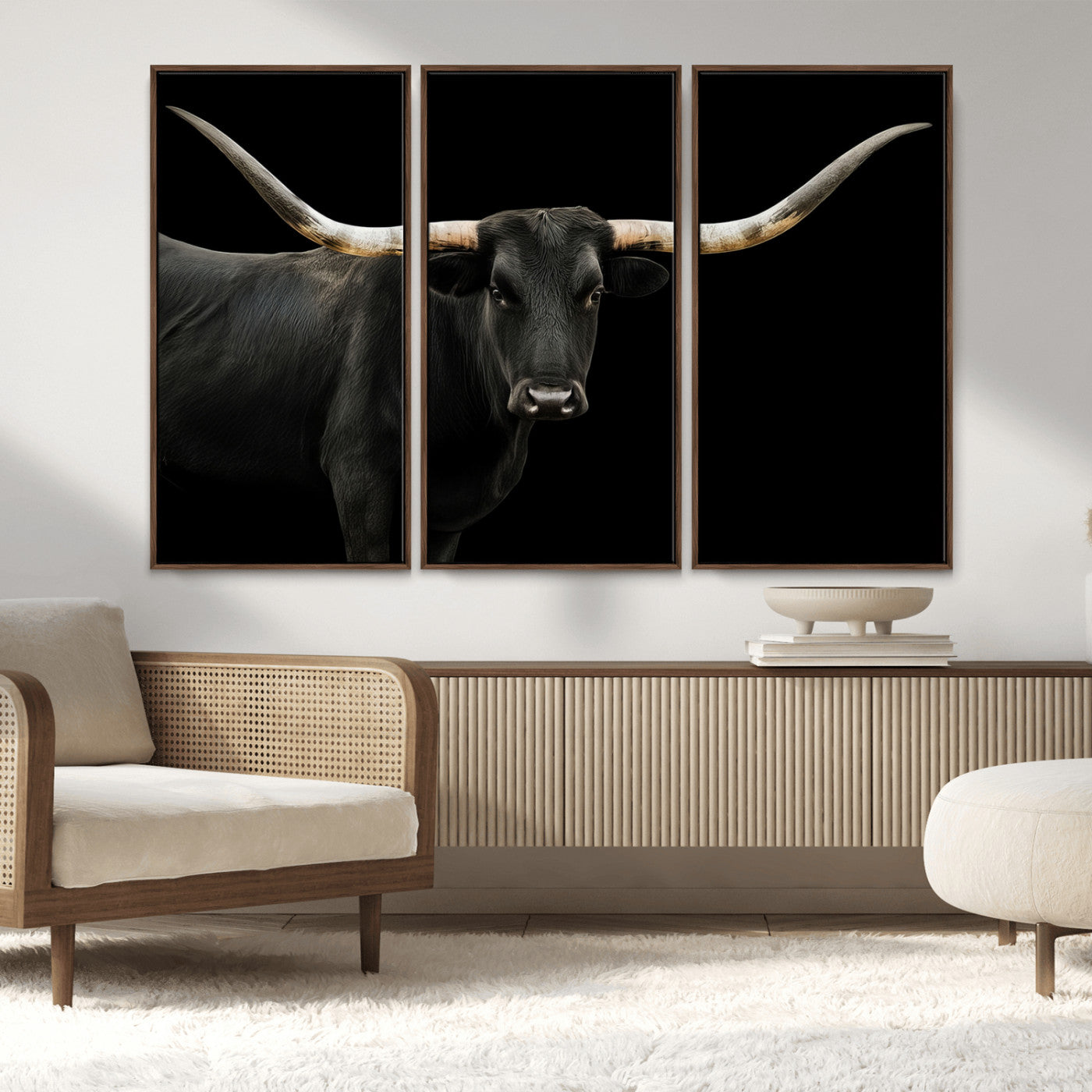99448328-MGV-FC-48X32-3P_Walnut-Longhorn Cattle Wall Art Canvas Print, Framed Texas Ranch Art Picture Print, Western Cow Perfect Farmhouse Decor Artwork