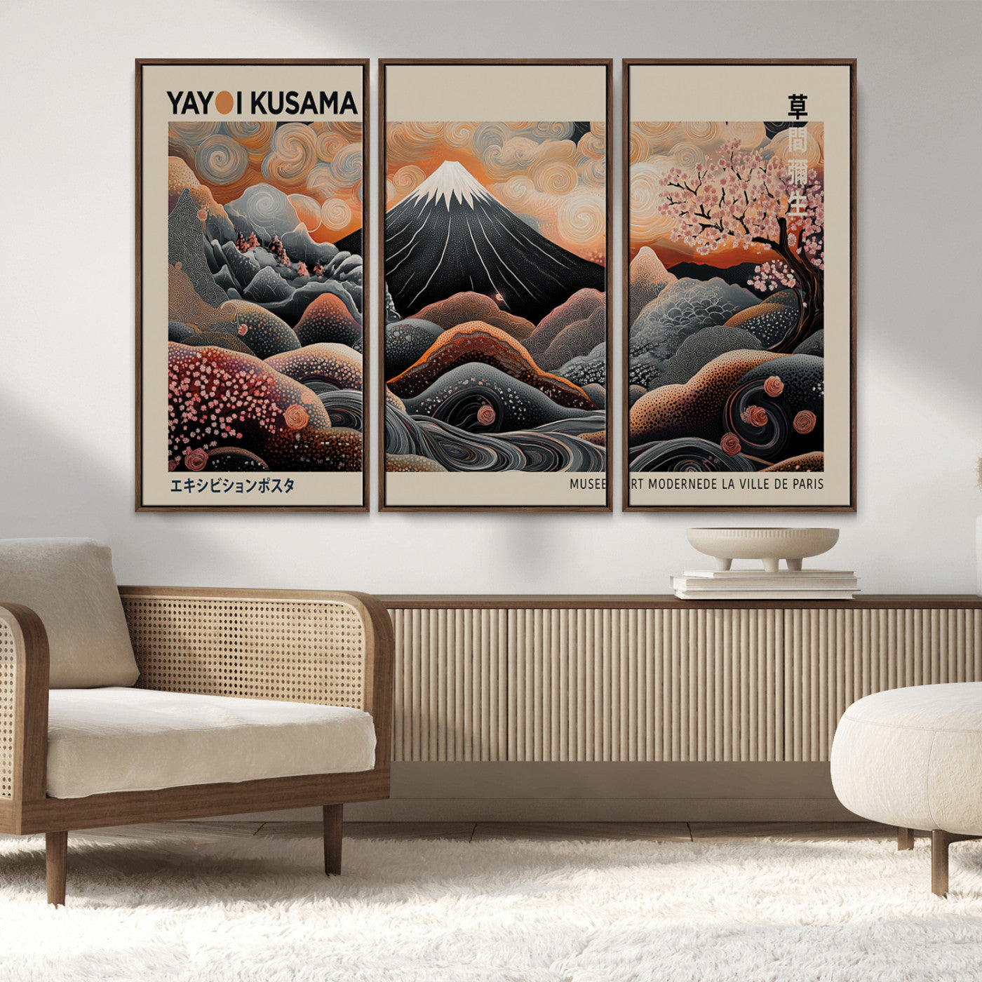 55739266-MGV-CV-36X24-Japanese Wall Art Print – Abstract Yayoi Kusama Inspired Dotted Landscape Poster, Surreal Oriental Mountain and Cherry Blossom