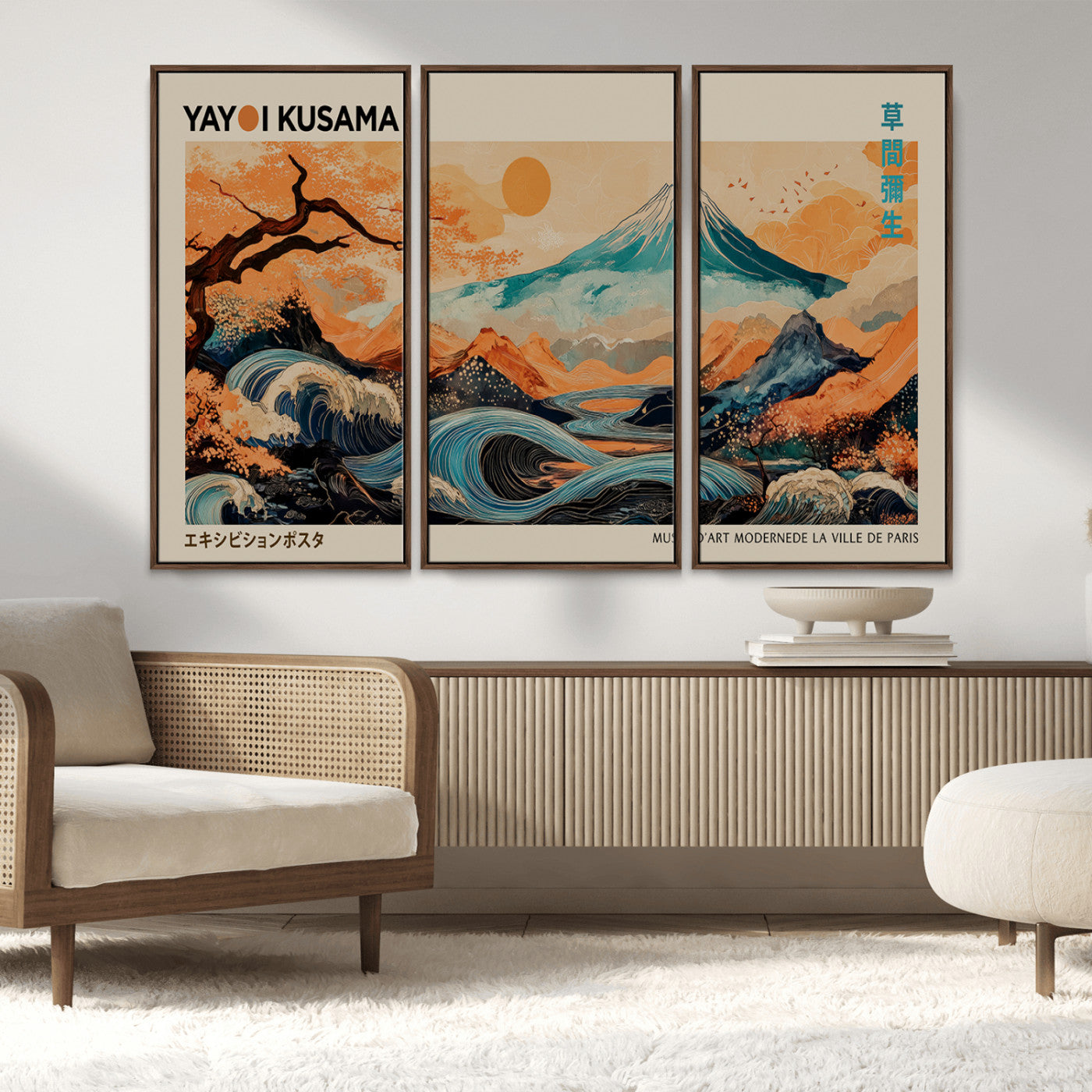 22373530-MGV-CV-36X24-Japanese Mt Fuji Wave Art Print – Ukiyo e Inspired Sun & Cherry Blossom Poster, Traditional Asian Landscape Painting, Modern