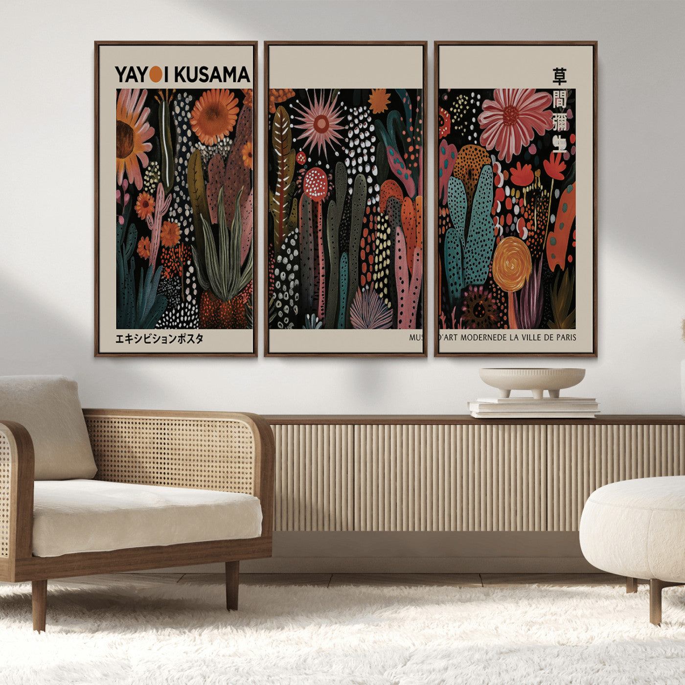 28344895-MGV-CV-36X24-Dark Floral Abstract Wall Art Poster – Modern Botanical Canvas Print with Beige Border, Kusama Inspired Boho Flower Painting,