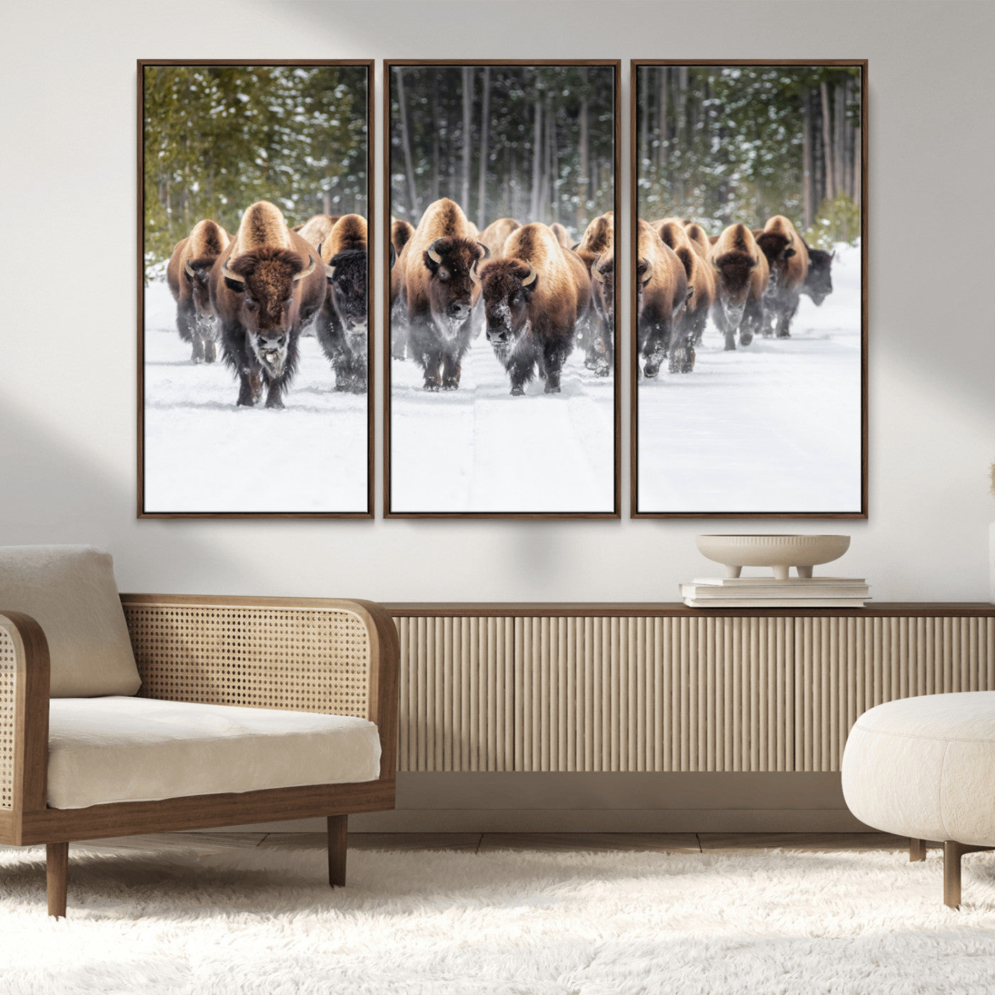 22695857-MGV-CV-36X24-Bison Herd Scene Wall Art Canvas Print, Framed Western Wildlife Art Picture Print, Rustic Animal Art Perfect Rustic Lodge Decor