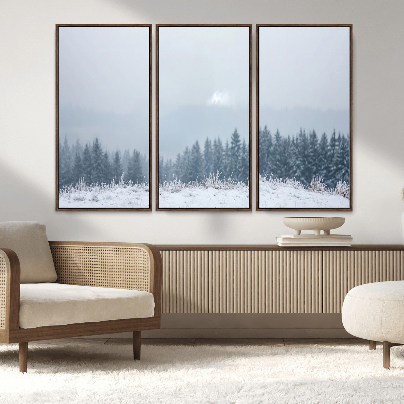 33033082-MGV-CV-36X24-Winter Forest Art Wall Art Canvas Print, Framed Snowy Landscape Art Picture Print, Misty Tree Scene Perfect Nordic Minimalist