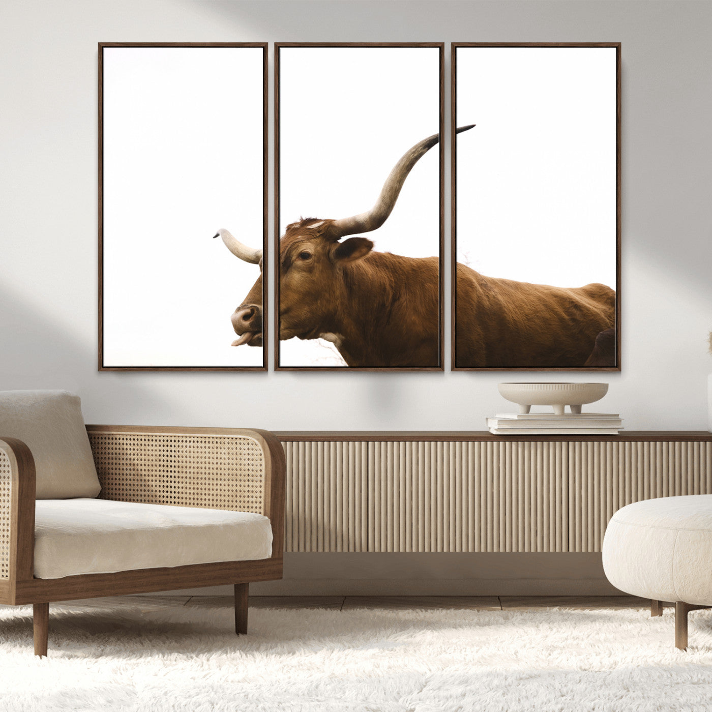 62566114-MGV-CV-36X24-Longhorn Cow Art Wall Art Canvas Print, Framed Rustic Animal Decor Art Picture Print, Texas Bull Photo Perfect Rustic Farmhouse