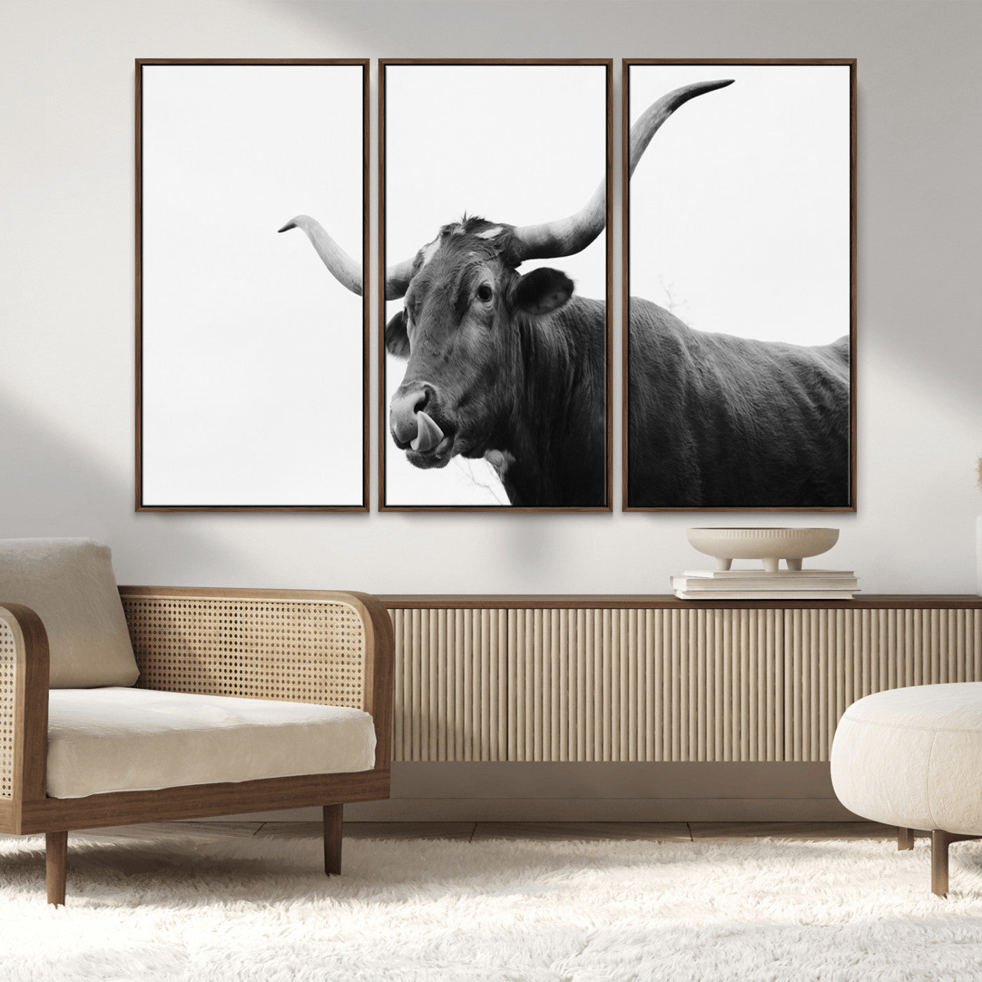 99244177-MGV-FC-48X32-3P_Walnut-Longhorn Photography Wall Art Canvas Print, Framed Western Cow Decor Art Picture Print, Black White Bull Perfect Modern Rustic
