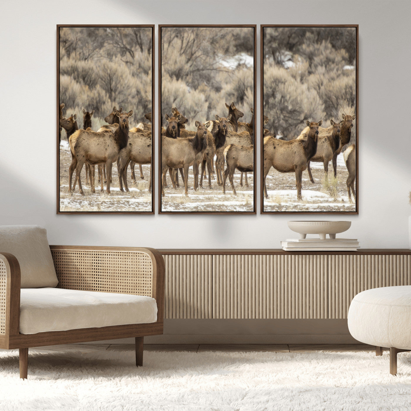 90269422-MGV-CV-36X24-Elk Herd Scene Wall Art Canvas Print, Framed Rustic Wildlife Decor Art Picture Print, Western Cabin Style Perfect Rustic Lodge