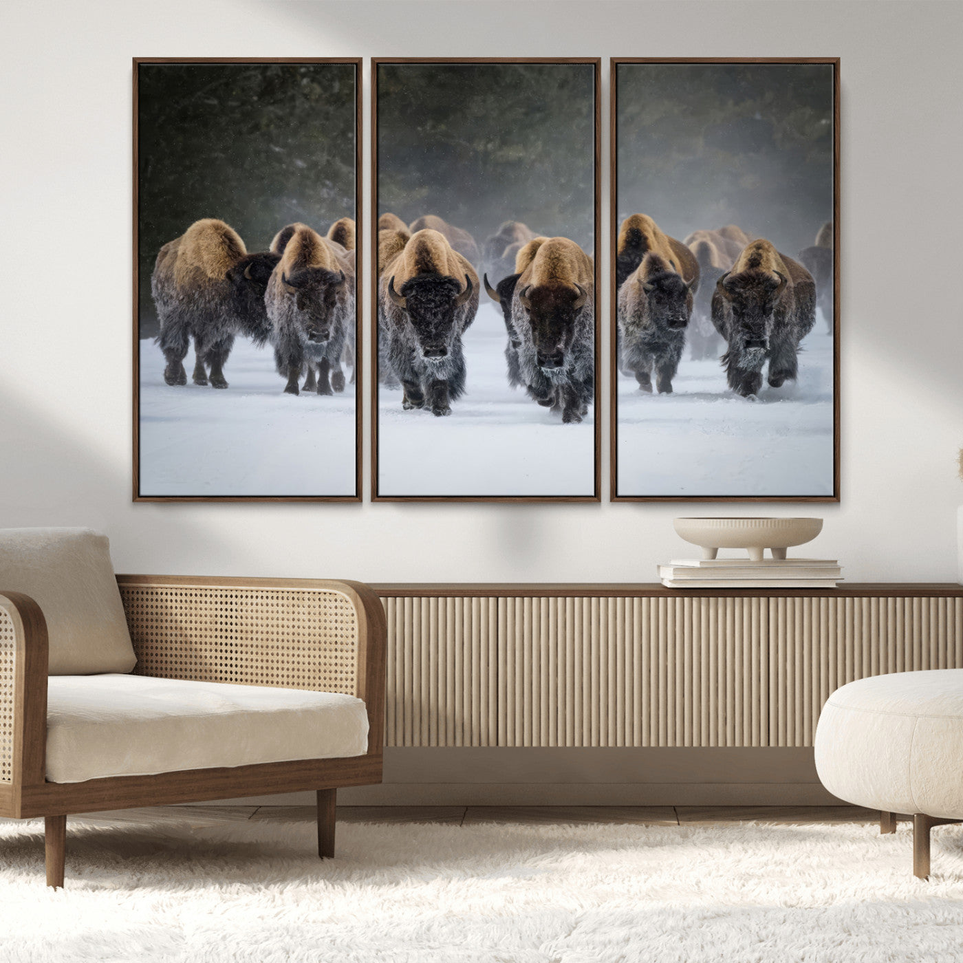 41669135-MGV-CV-36X24-Bison Herd Scene Wall Art Canvas Print, Framed Rustic Wildlife Decor Art Picture Print, Snowy Bison Landscape Perfect Rustic