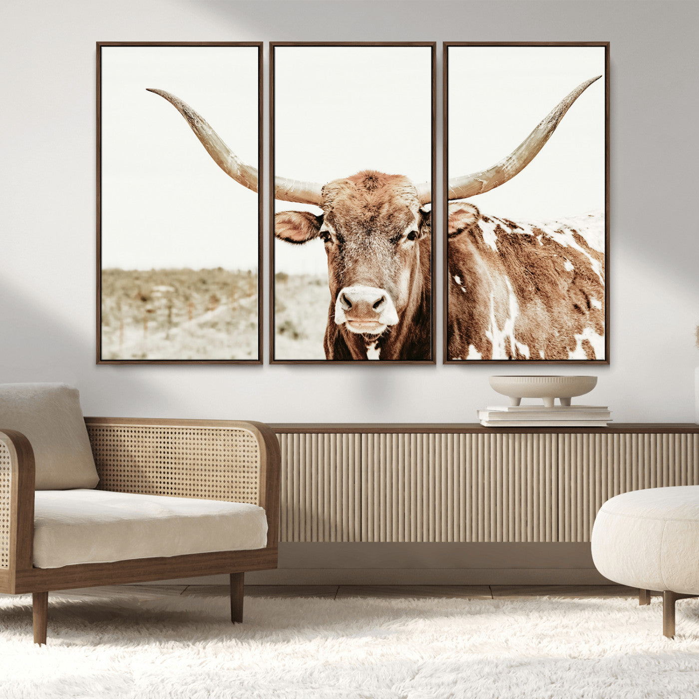 98924580-MGV-FC-48X32-3P_Walnut-Texas Longhorn Bull Wall Art Canvas Print, Framed Rustic Farmhouse Decor Art Picture Print, Western Animal Theme Perfect Rustic