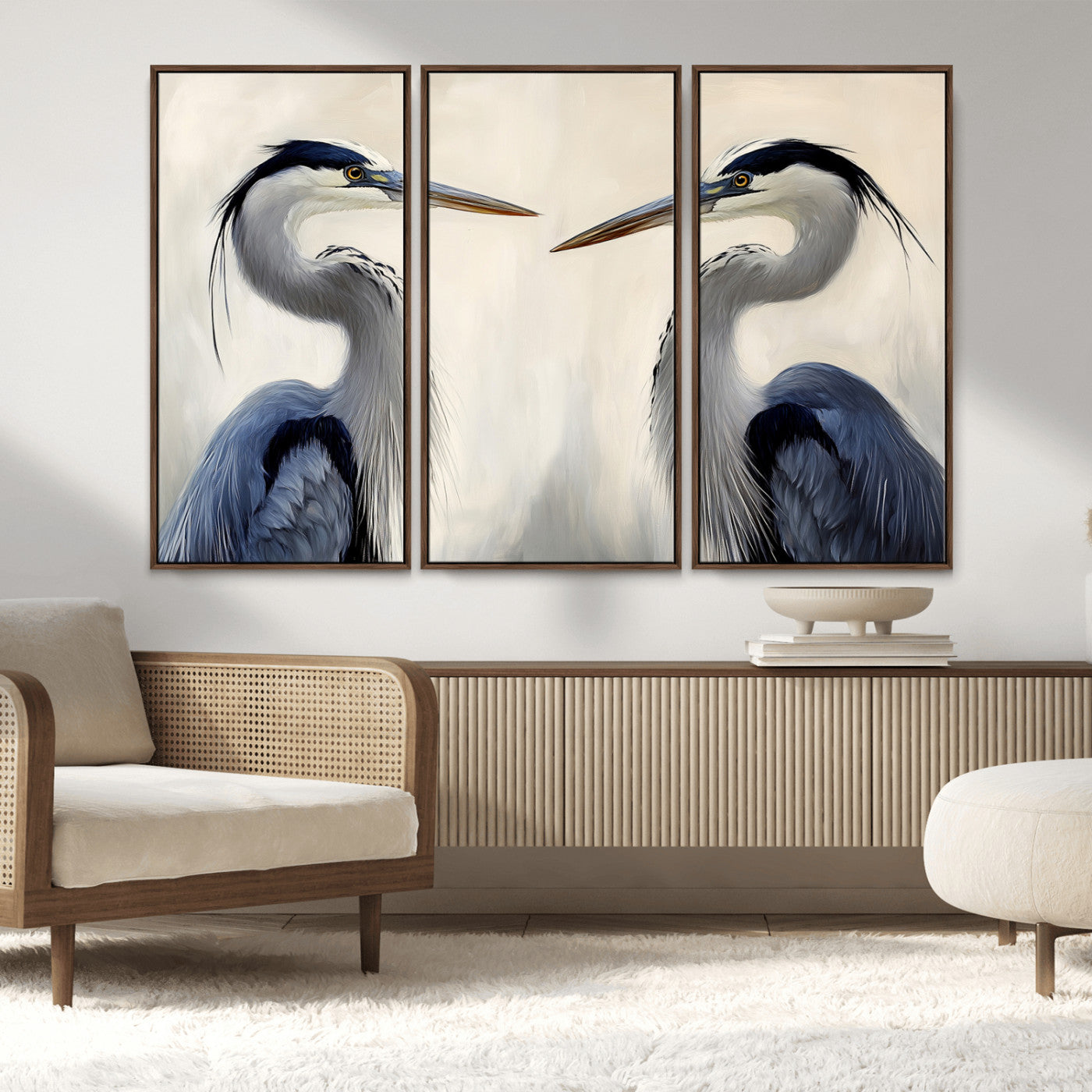 18230556-MGV-CV-36X24-Blue Heron Pair Wall Art Canvas Print, Framed Coastal Bird Theme Art Picture Print, Tranquil Wildlife Scene Perfect Coastal