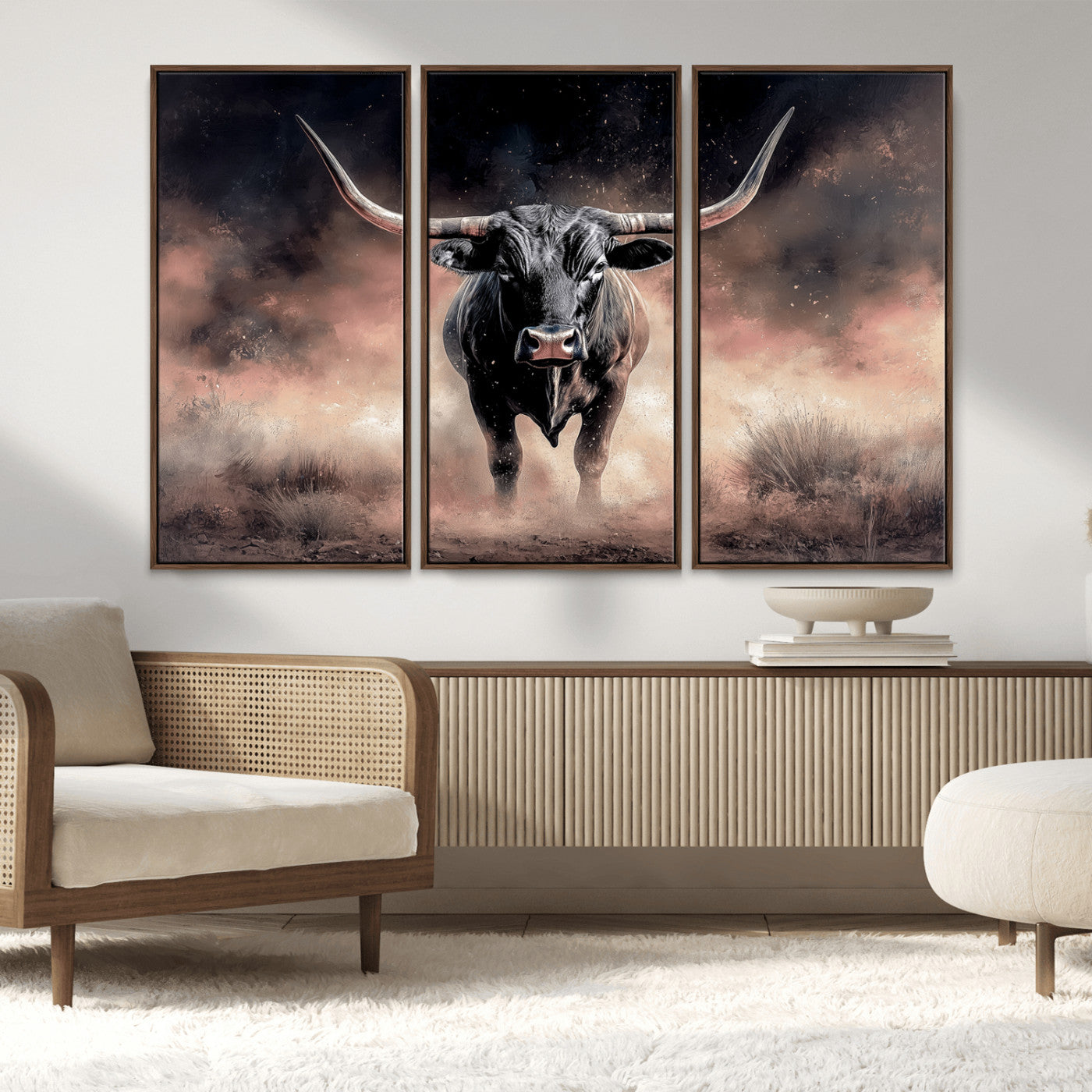 71457818-MGV-FC-48X32-3P_Walnut-Longhorn Wall Art Wall Art Canvas Print, Framed Western Bull Canvas Art Picture Print, Rustic Cow Decor Perfect Western Dramatic