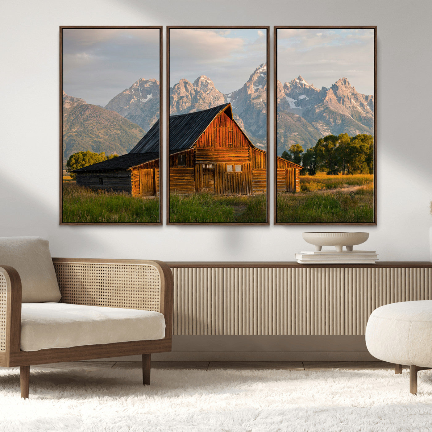 31771014-MGV-FC-48X32-3P_Walnut-Rustic Barn Wall Art Canvas Print, Framed Western Landscape Art Picture Print, Farmhouse Style Perfect Rustic Farmhouse Decor