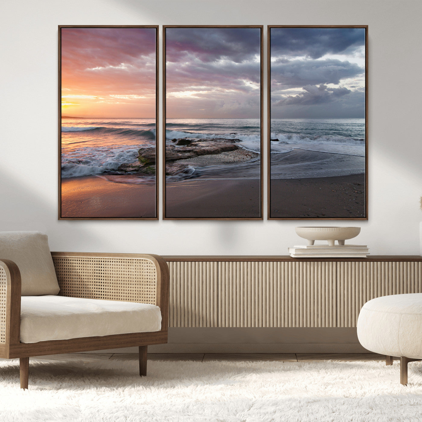 94208089-MGV-CV-36X24-Golden Hour Wall Art Canvas Print, Framed Tranquil Waves Art Picture Print, Beach Horizon Perfect Coastal Serenity Decor Artwork