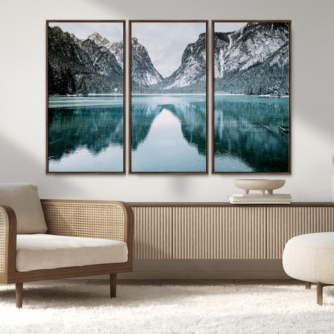 73098373-MGV-CV-36X24-Mountain Lake Wall Art Canvas Print, Framed Winter Wonderland Art Picture Print, Snowy Peaks Perfect Modern Nature Decor Artwork
