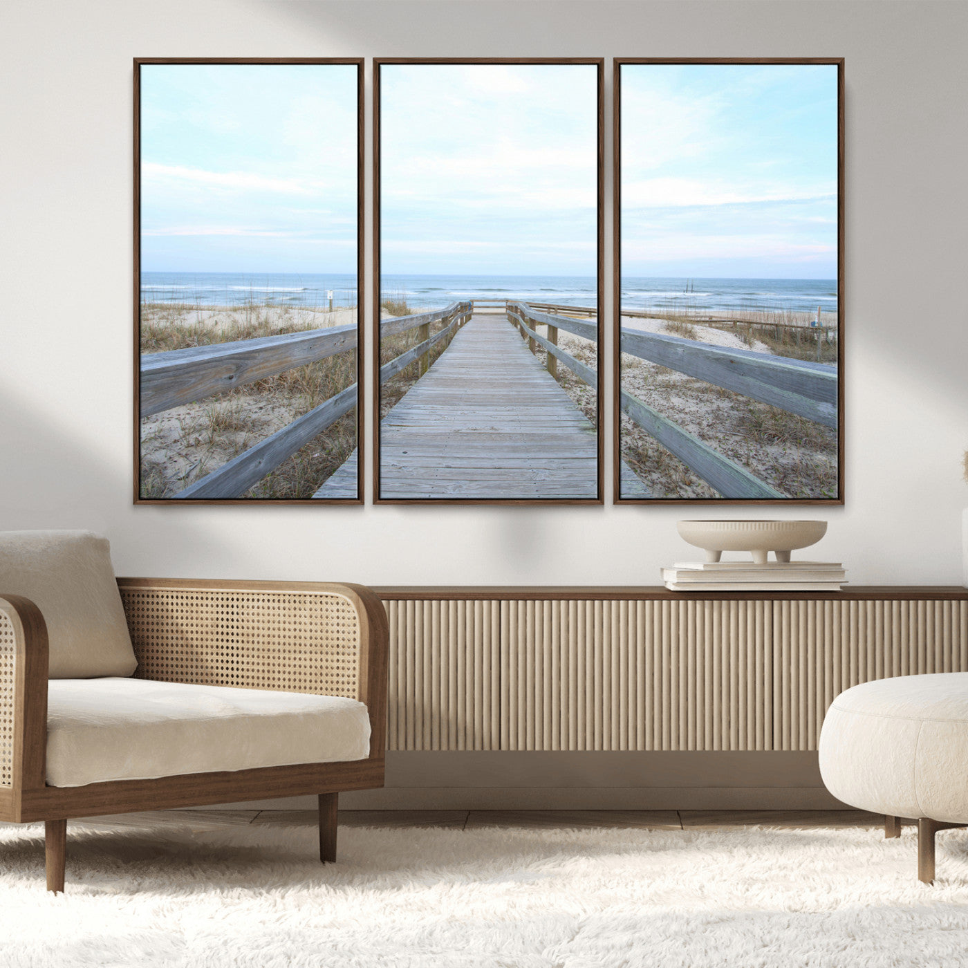 31602988-MGV-CV-36X24-Beach Boardwalk Wall Art Canvas Print, Framed Coastal Serenity Art Picture Print, Ocean View Perfect Coastal Minimalist Decor