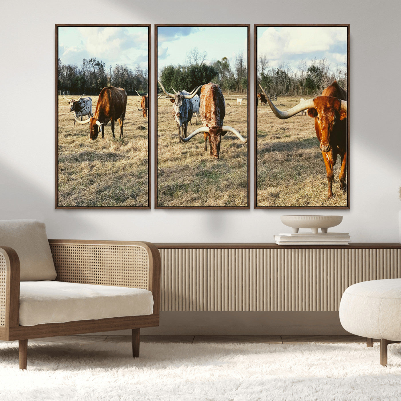 39144651-MGV-FC-48X32-3P_Walnut-Texas Longhorns Wall Art Canvas Print, Framed Rustic Farm Scene Art Picture Print, Western Cattle Perfect Rustic Farmhouse Decor