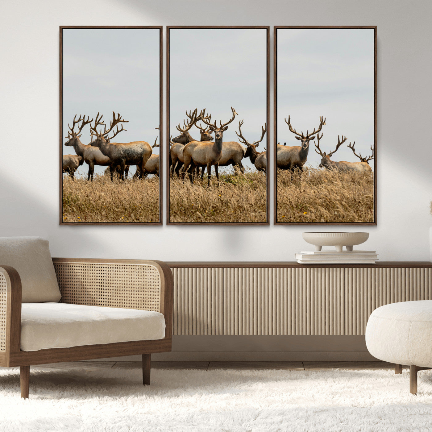 42170220-MGV-FC-48X32-3P_Walnut-Elk Herd Wall Art Canvas Print, Framed Wildlife Photography Art Picture Print, Majestic Antlers Perfect Rustic Wildlife Decor