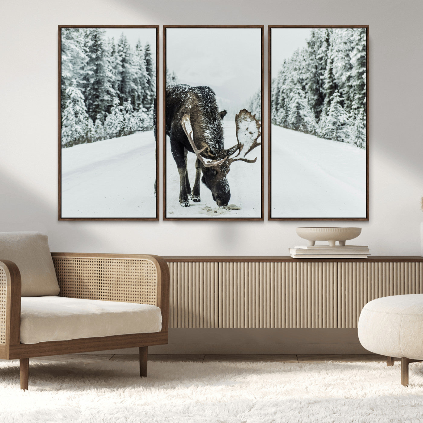 13316292-MGV-FC-48X32-3P_Walnut-Moose in Snow Wall Art Canvas Print, Framed Winter Wildlife Art Picture Print, Snowy Forest Scene Perfect Rustic Lodge Decor