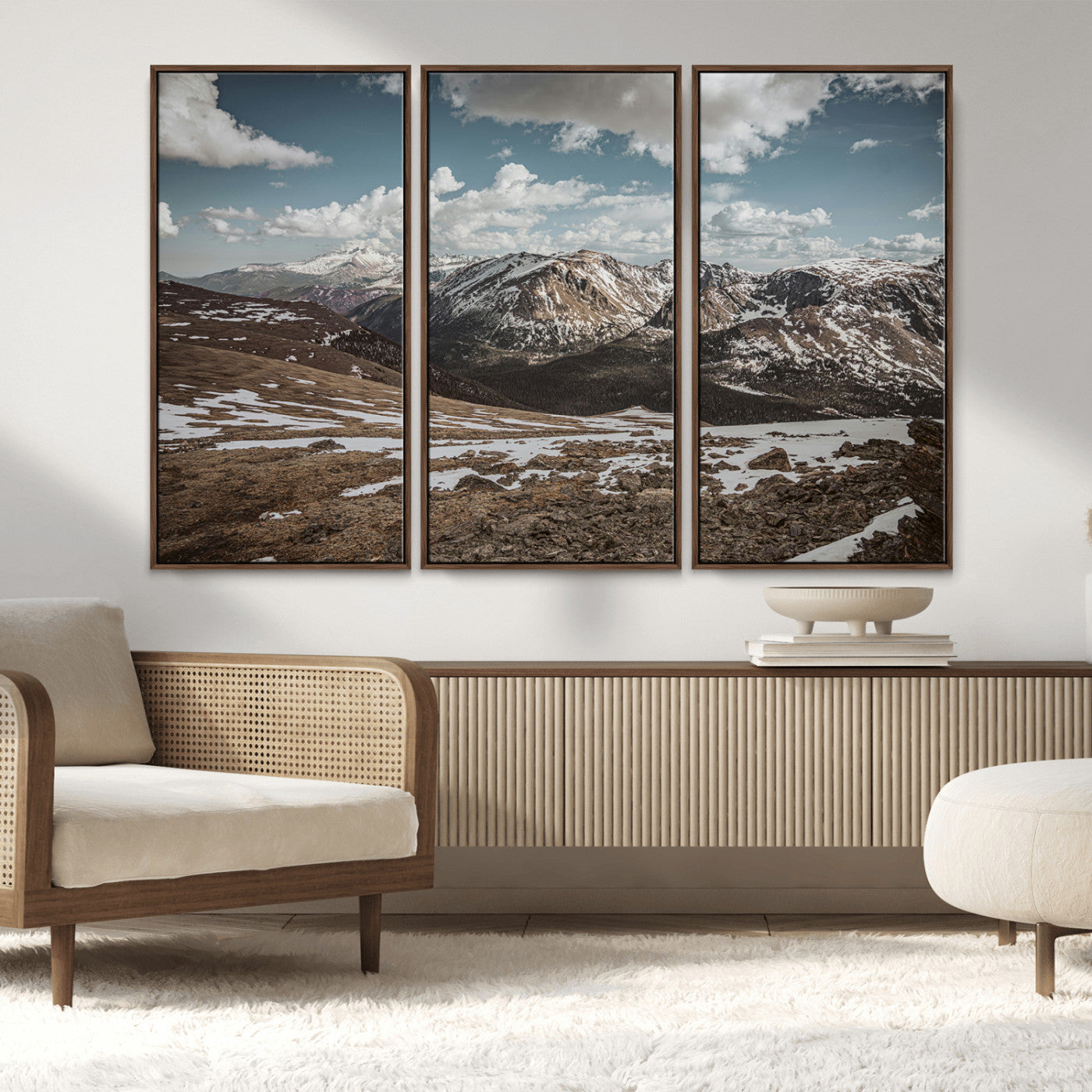 44565953-MGV-FC-48X32-3P_Walnut-Mountain Landscape Wall Art Canvas Print, Framed Snowy Peaks Art Picture Print, Rugged Highlands Perfect Rustic Adventure Decor
