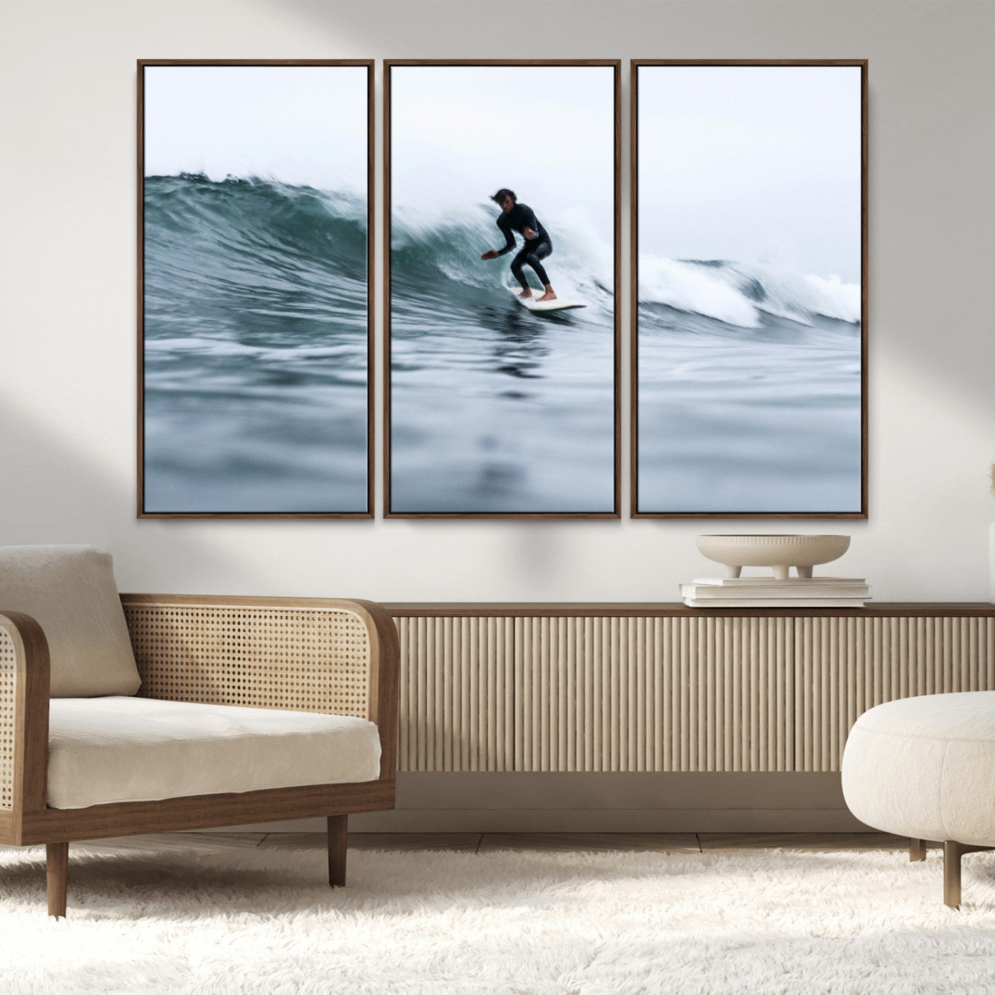 11693607-MGV-CV-36X24-Surfer on Wave Wall Art Canvas Print, Framed Ocean Adventure Art Picture Print, Motion Blur Water Perfect Coastal Adventure Decor