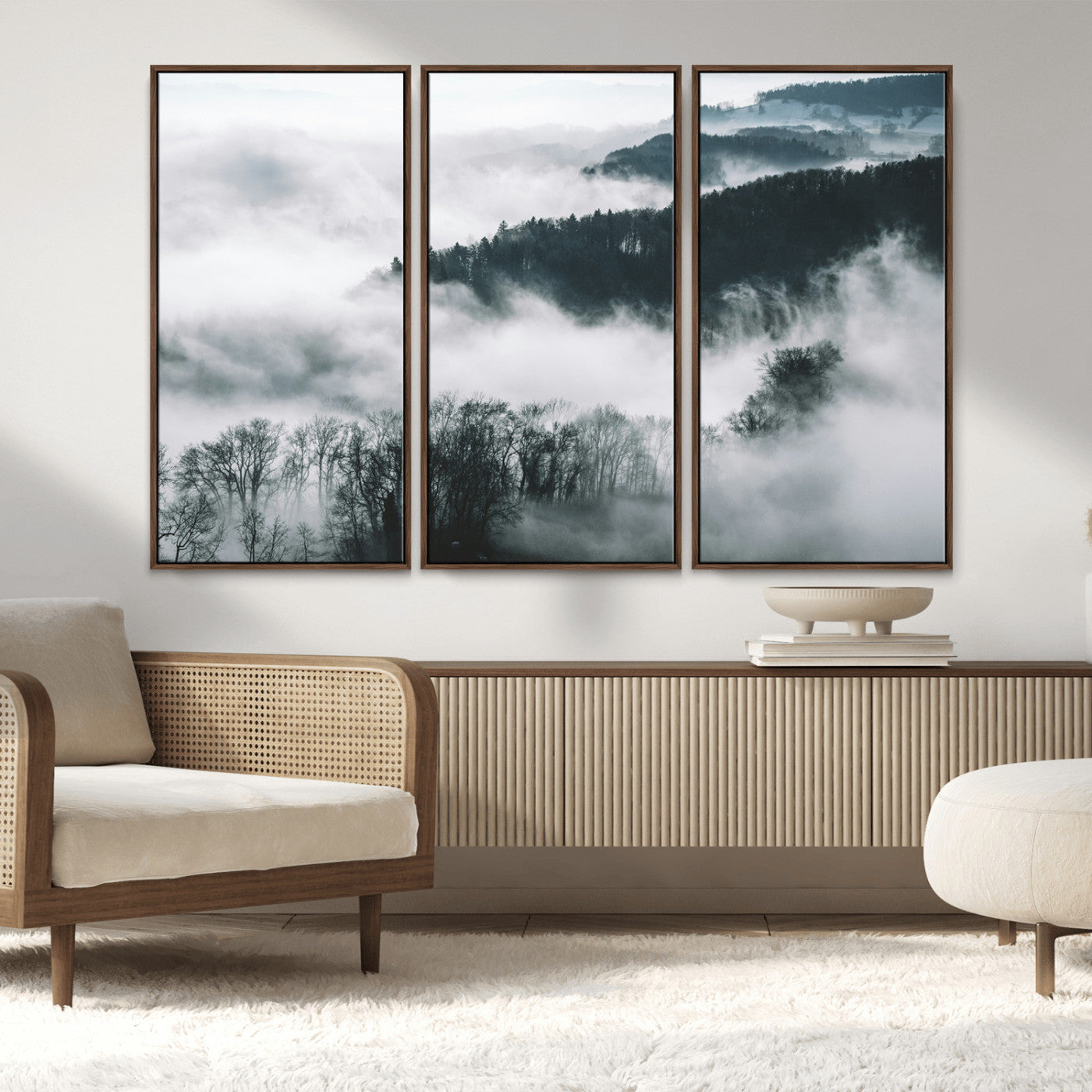 67569654-MGV-FC-48X32-3P_Walnut-Foggy Forest Wall Art – Mist Covered Hills and Trees Landscape Canvas Print, Moody Nature Photography Decor for Living Room,