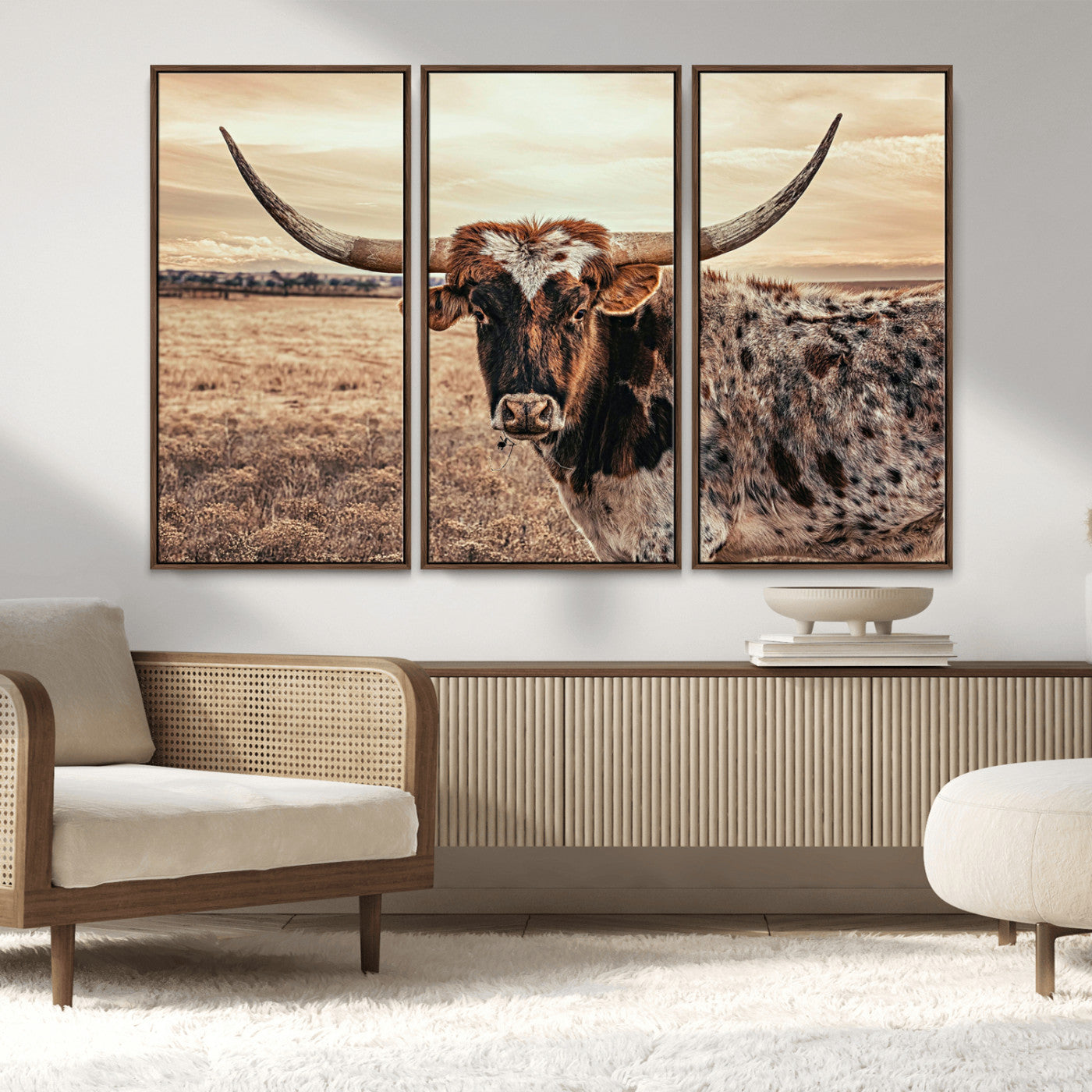 95745718-MGV-FC-48X32-3P_Walnut-Texas Longhorn Wall Art – Western Cattle Photography Canvas Print, Rustic Ranch Animal Artwork Country Farmhouse Decor for Living