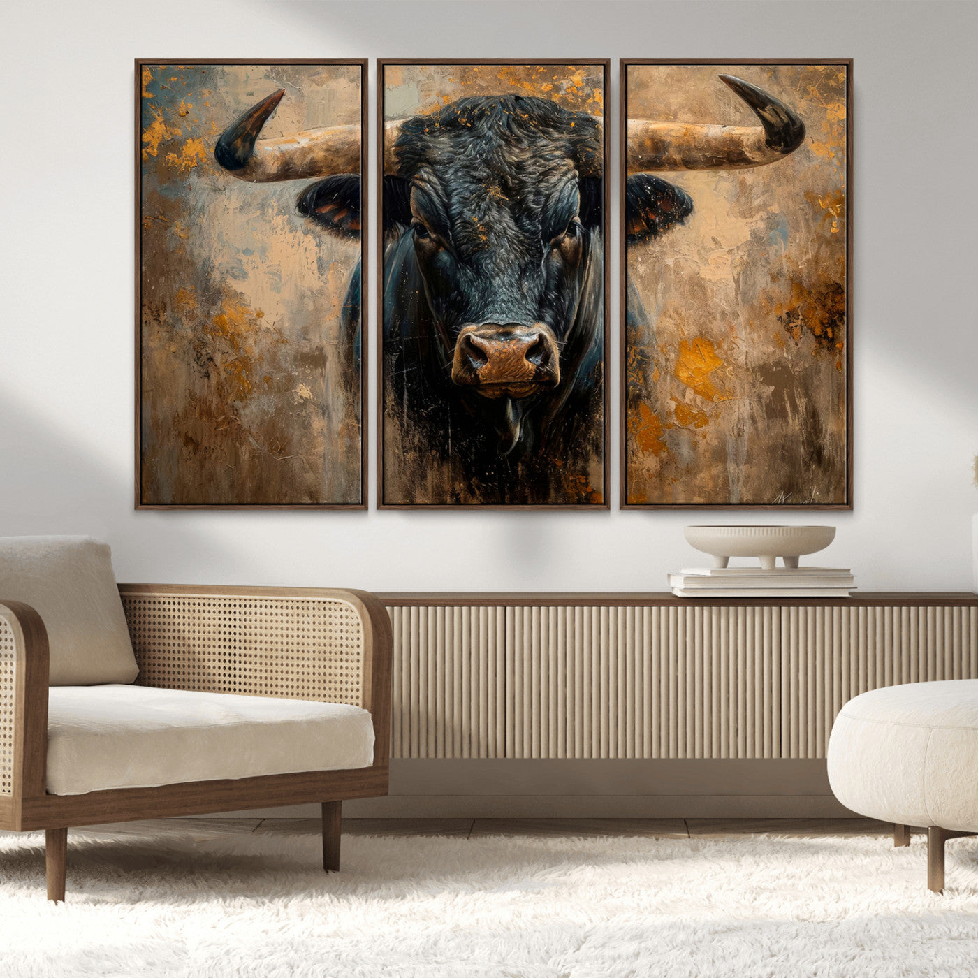 91615410-MGV-FC-48X32-3P_Walnut-Bull Wall Art – Rustic Western Longhorn Canvas Print, Powerful Abstract Animal Painting, Farmhouse Ranch Decor for Living Room,