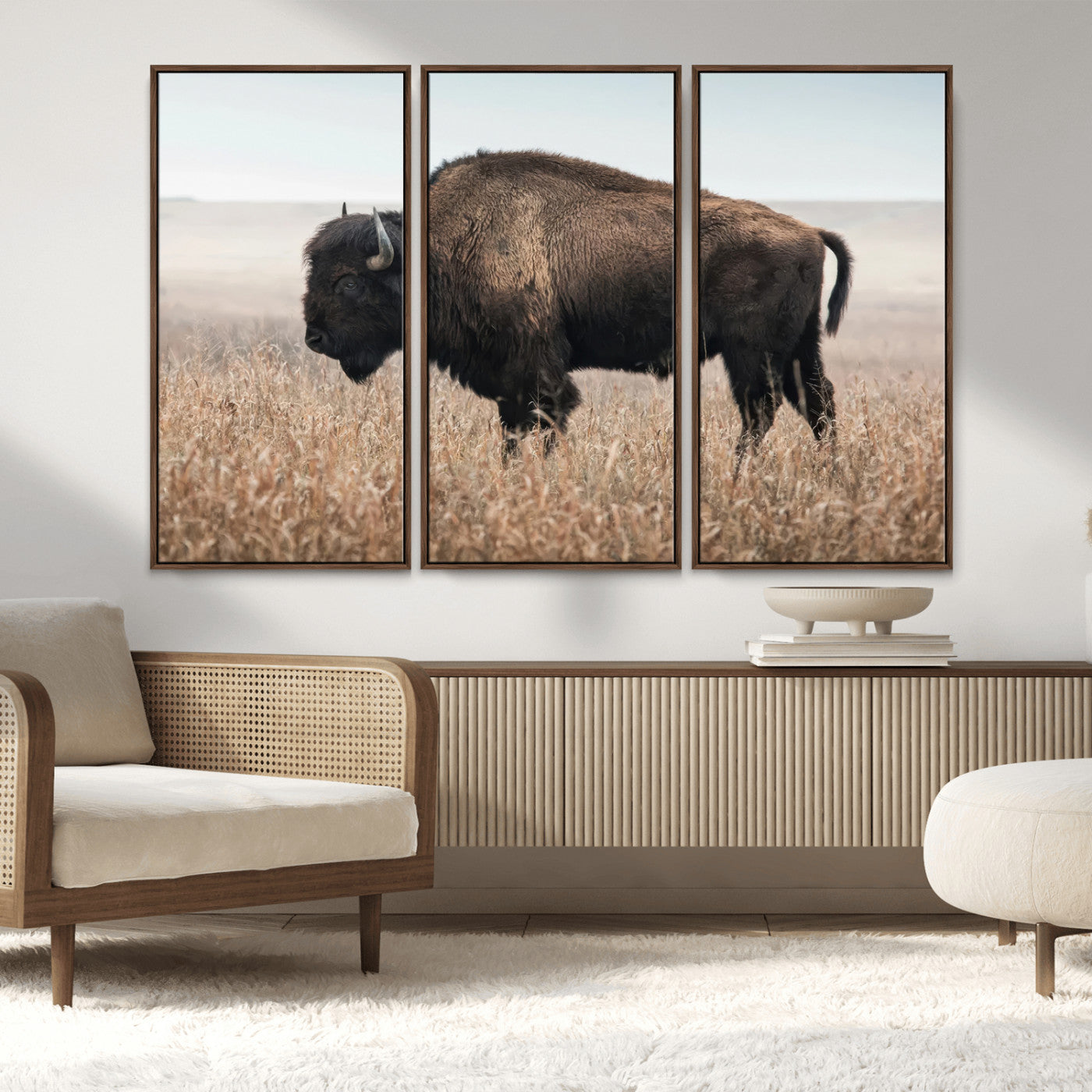 69909079-MGV-FC-48X32-3P_Walnut-Bison Wall Art – Majestic Buffalo Canvas Print in Prairie Grasslands, Rustic Western Animal Painting, Farmhouse Ranch Decor for