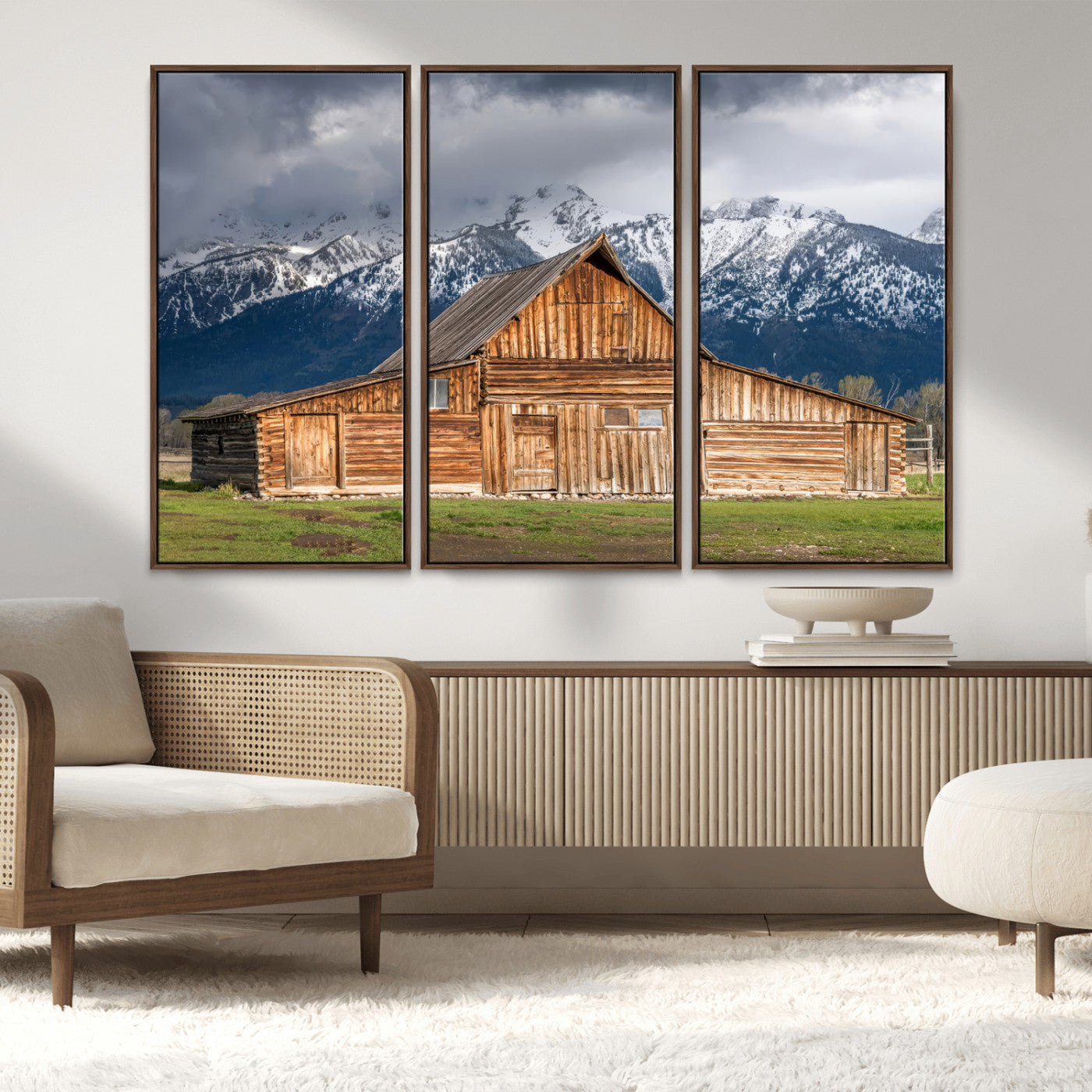 15173627-MGV-CV-36X24-Barn Wall Art – Rustic Wooden Cabin Canvas Print with Snowy Mountain Landscape, Western Farmhouse Country Decor for Living Room,