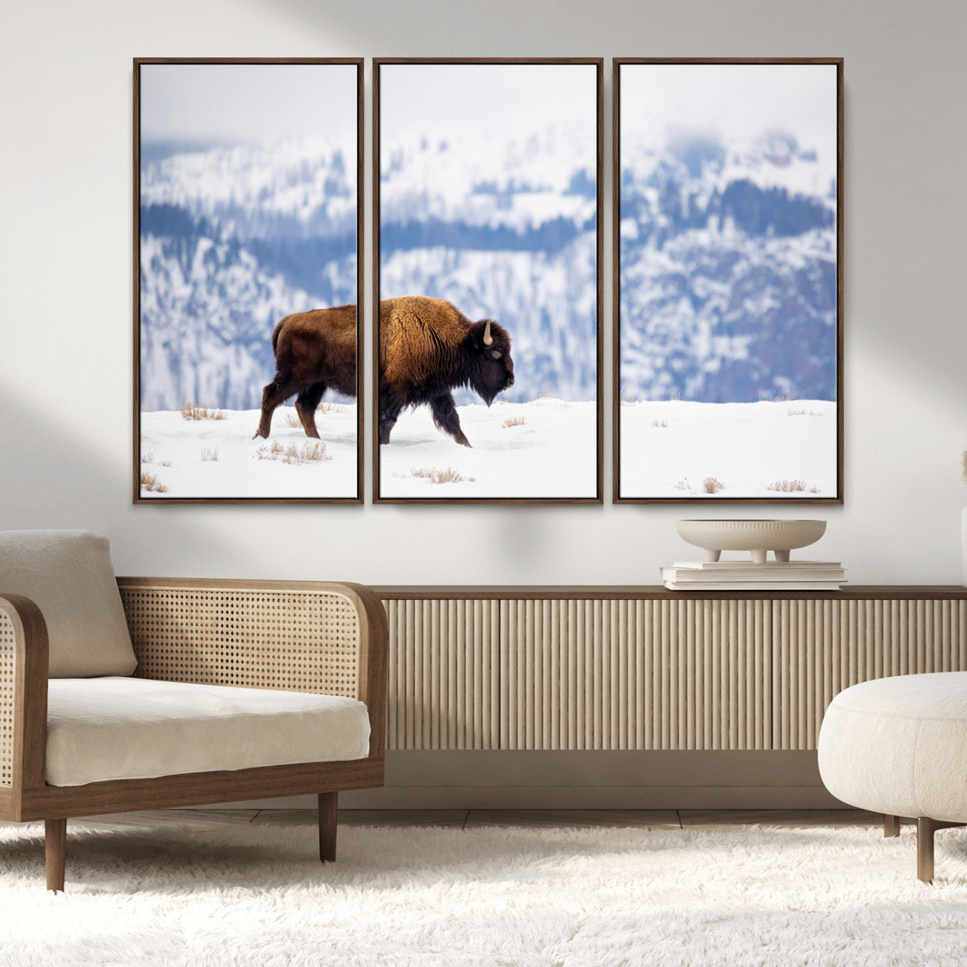 21623194-MGV-FC-48X32-3P_Walnut-Snow Bison Wall Art – Majestic Buffalo Wildlife Canvas Print, Winter Nature Décor for Rustic Living Room, Farmhouse, Cabin, Lodge