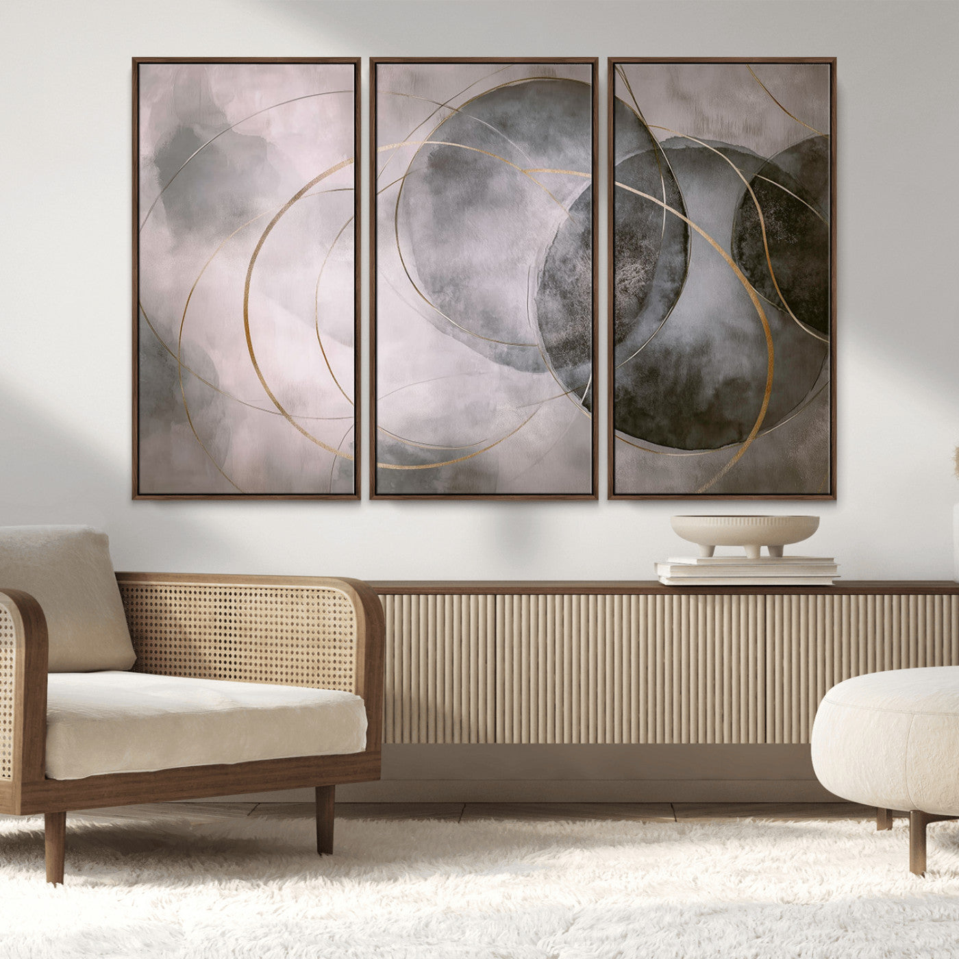 20066876-MGV-FC-48X32-3P_Walnut-Neutral Abstract Circle Wall Art – Modern Gray Beige Gold Canvas Print, Minimalist Geometric Painting for Bedroom, Living Room,