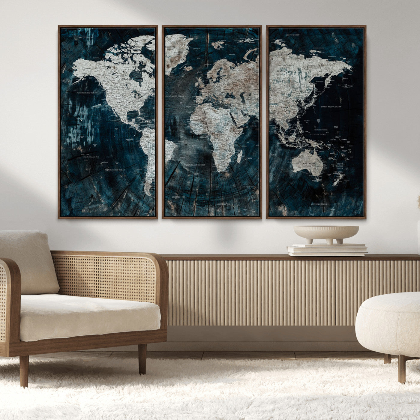 34425609-MGV-CV-36X24-World Map Wall Art – Rustic Navy and Grey Atlas Canvas Print, Distressed Explorer Map Artwork, Industrial Style Decor for Office,