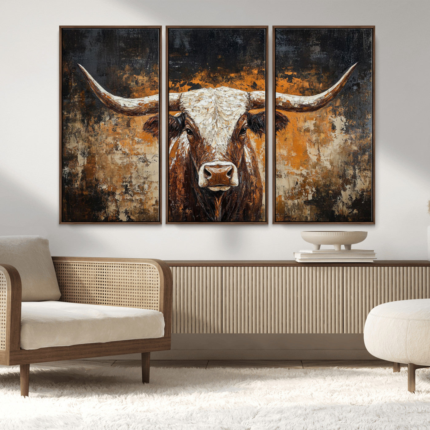 25265572-MGV-FC-48X32-3P_Walnut-Longhorn Bull Wall Art – Rustic Western Texas Steer Canvas Print, Textured Animal Painting for Home, Office, Man Cave or Farmhouse