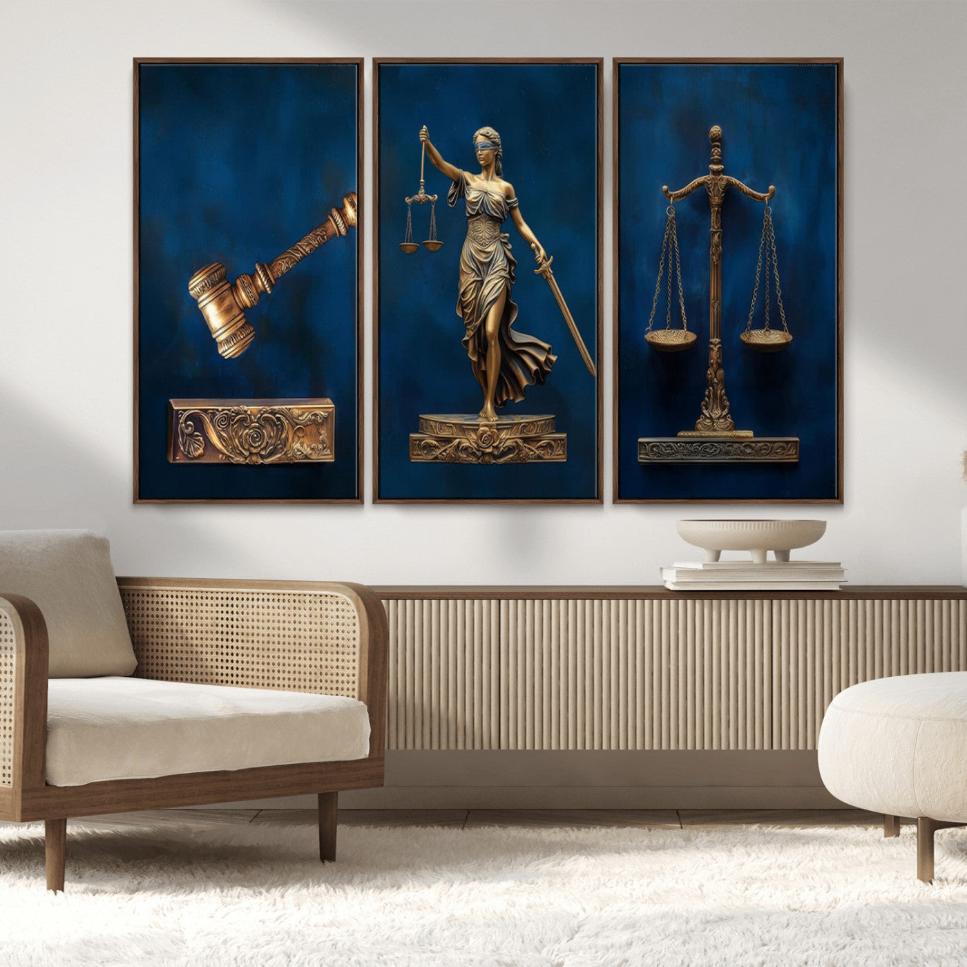 91629053-MGV-CV-36X24-Lady Justice Wall Art – Golden Gavel and Scales Canvas Print, Elegant Legal Office Decor for Lawyers, Judges, Courtroom or Study