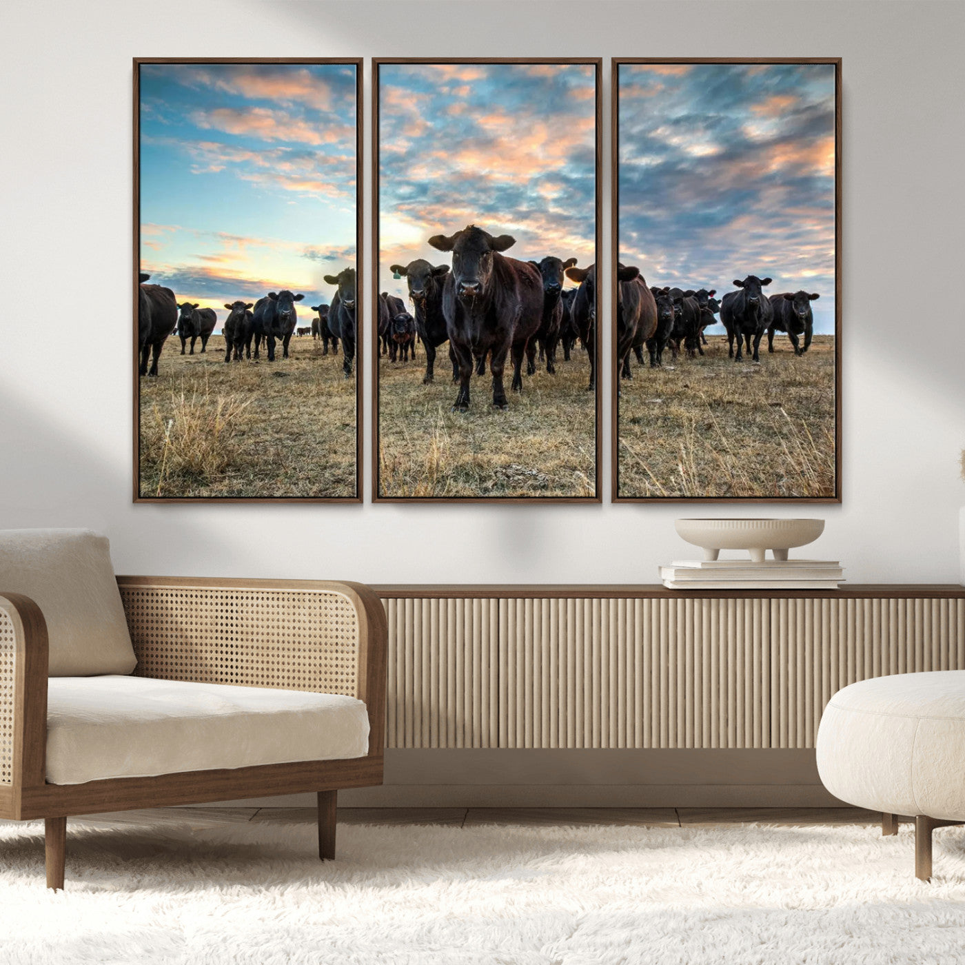 13867292-MGV-CV-36X24-Black Cattle Wall Art – Rustic Ranch Herd Canvas Print, Western Farmhouse Country Landscape Decor for Living Room, Office, or