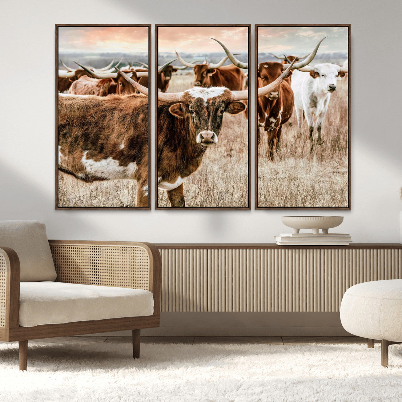 47758300-MGV-FC-48X32-3P_Walnut-Texas Longhorn Cattle Wall Art – Rustic Western Herd Canvas Print, Cowboy Ranch Farmhouse Decor for Living Room, Office, or