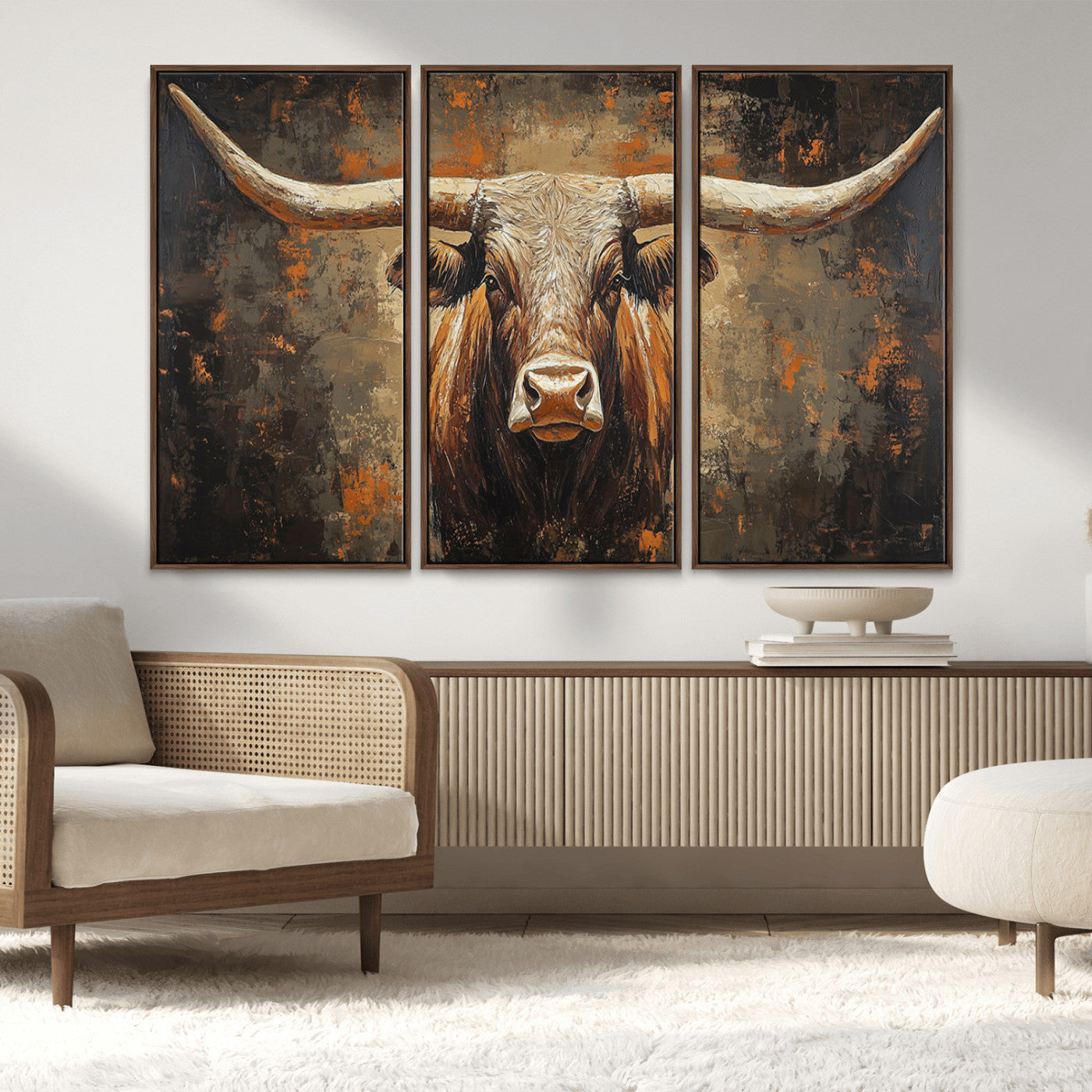 19204445-MGV-CV-36X24-Texas Longhorn Bull Wall Art – Rustic Western Canvas Print, Bold Cowboy Cattle Painting for Ranch House, Farmhouse, Office, or