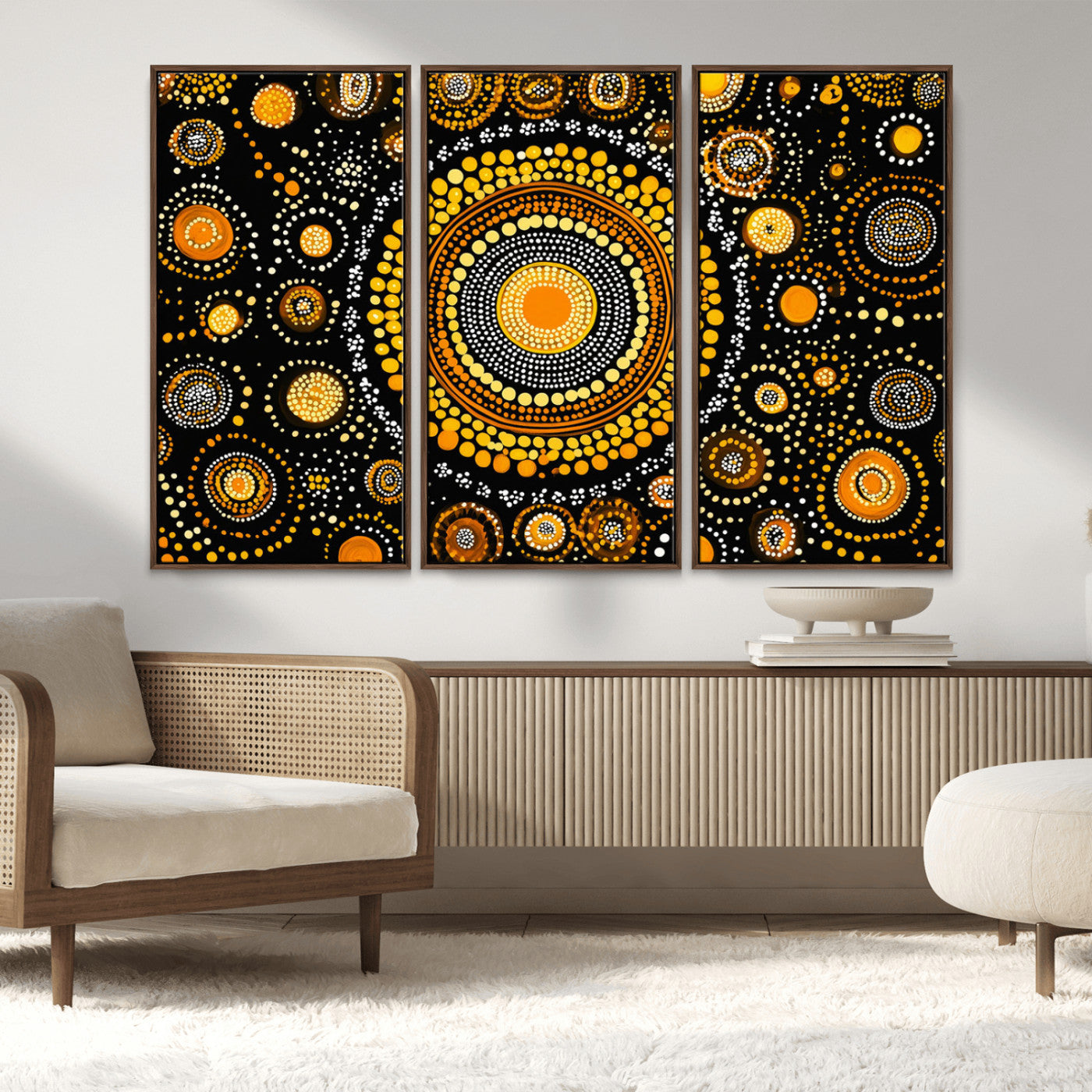 45478523-MGV-CV-36X24-Abstract Circle Wall Art – Bold Black and Gold Dot Painting Canvas Print, Modern Geometric Mandala Style Decor for Living Room or