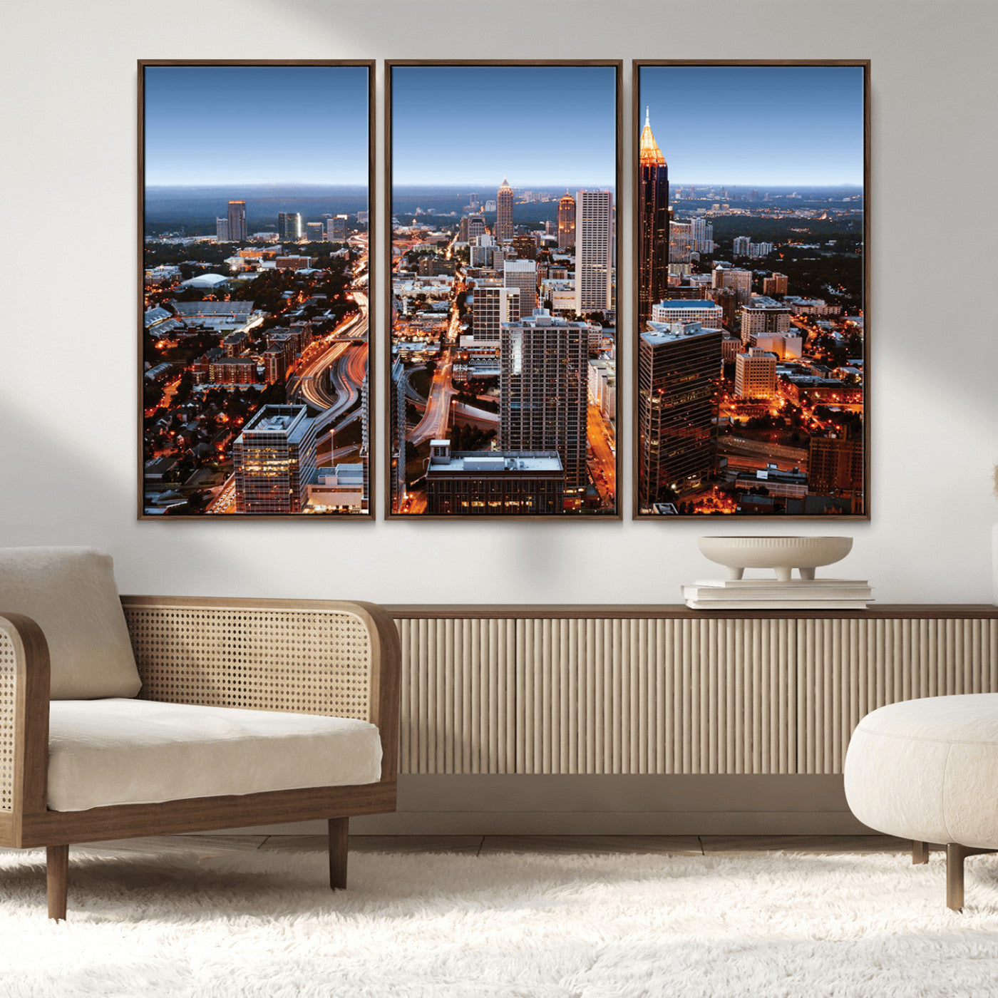25096967-MGV-FC-48X32-3P_Walnut-Atlanta Skyline Wall Art – Vibrant Cityscape Canvas Print, Modern Night Lights Urban Decor for Office, Living Room, or Apartment
