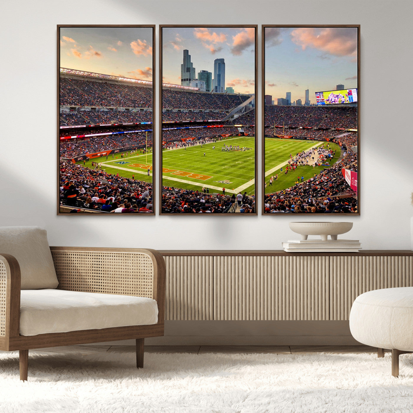55377093-MGV-FC-48X32-3P_Walnut-Soldier Field Wall Art – Panoramic Chicago Bears Football Stadium Canvas Print, Game Day Sports Decor for Man Cave, Bar, Office,