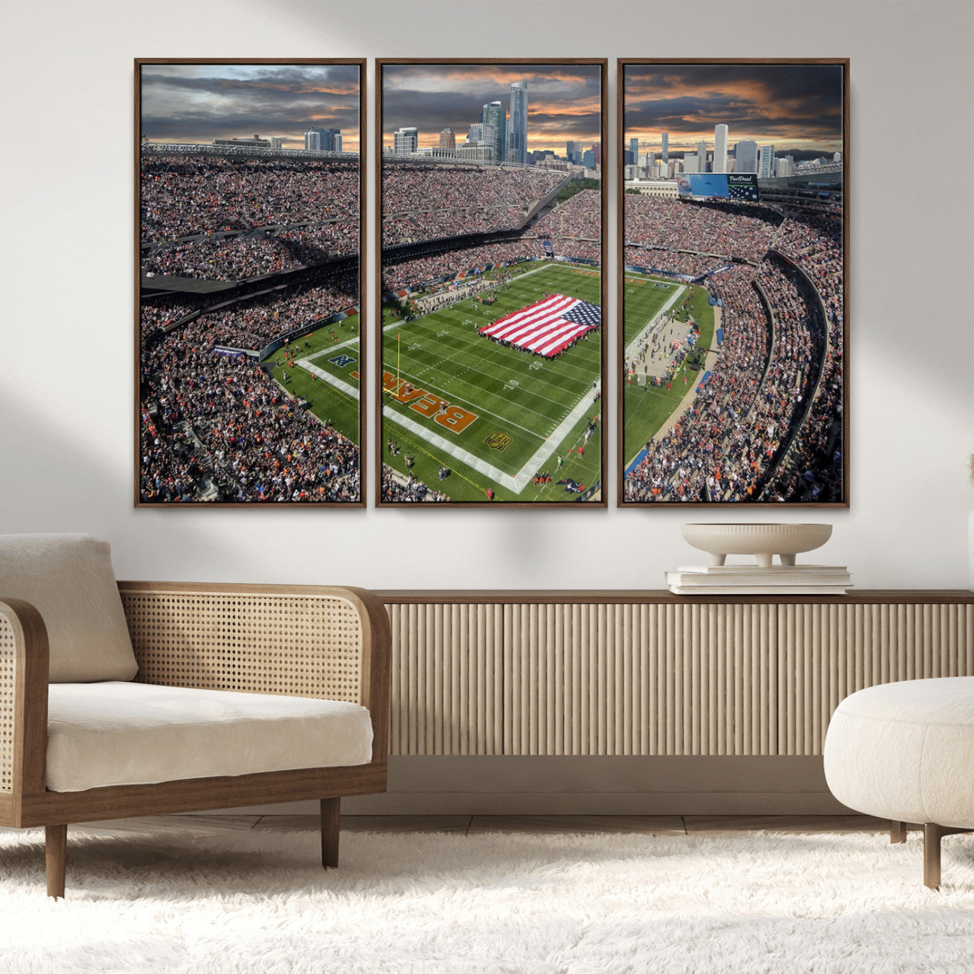 98106777-MGV-FC-48X32-3P_Walnut-Soldier Field Wall Art – Chicago Bears Stadium Canvas Print with American Flag, Game Day Football Decor for Man Cave, Bar, or
